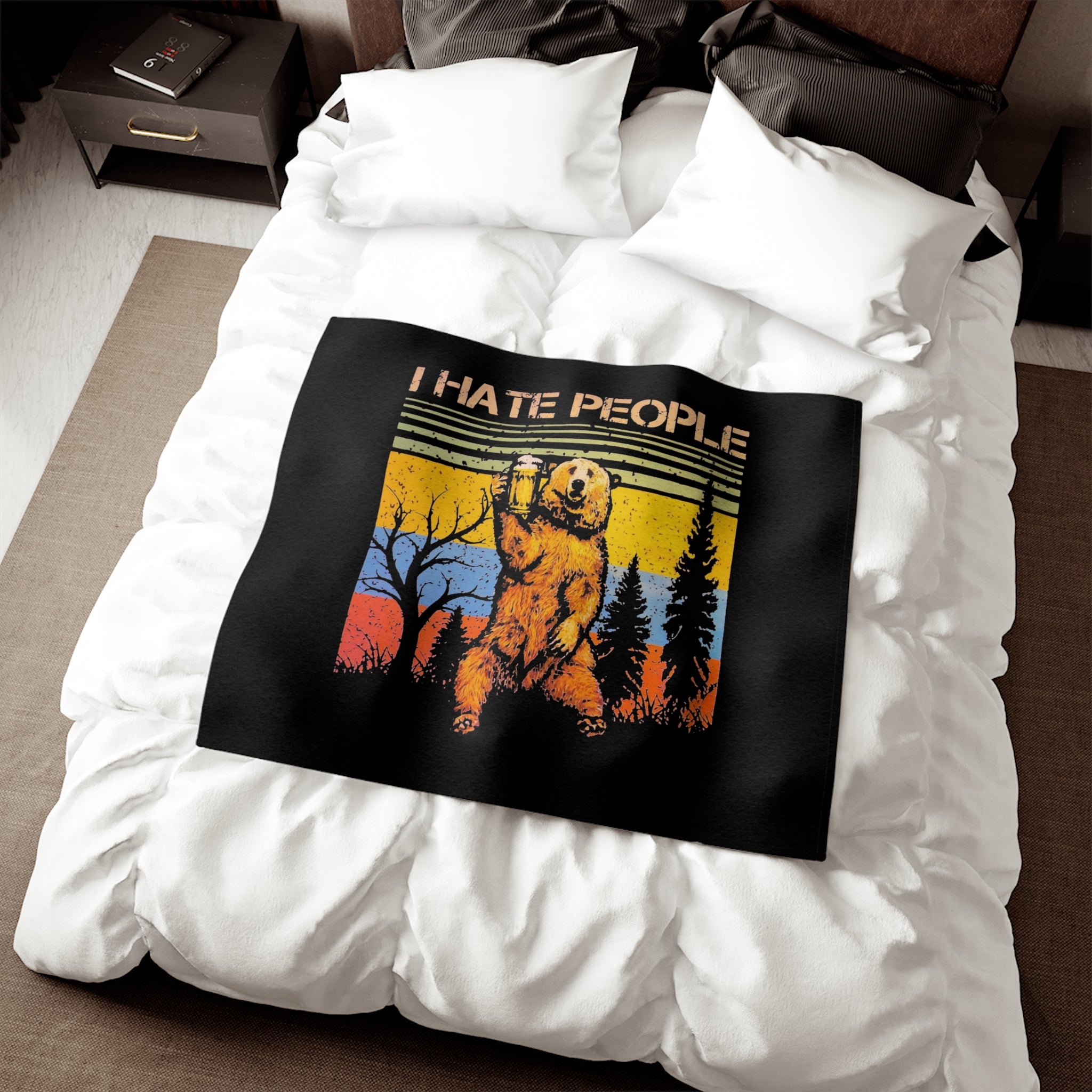 I Hate People Bear Sweatshirt Blanket — Retro Nature Throw for Introverts