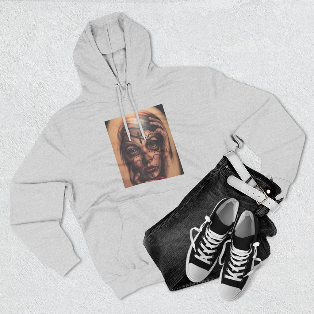 Girl Friends of the Dead Hoodie — Surreal Face Art Three-Panel Graphic Hoodie