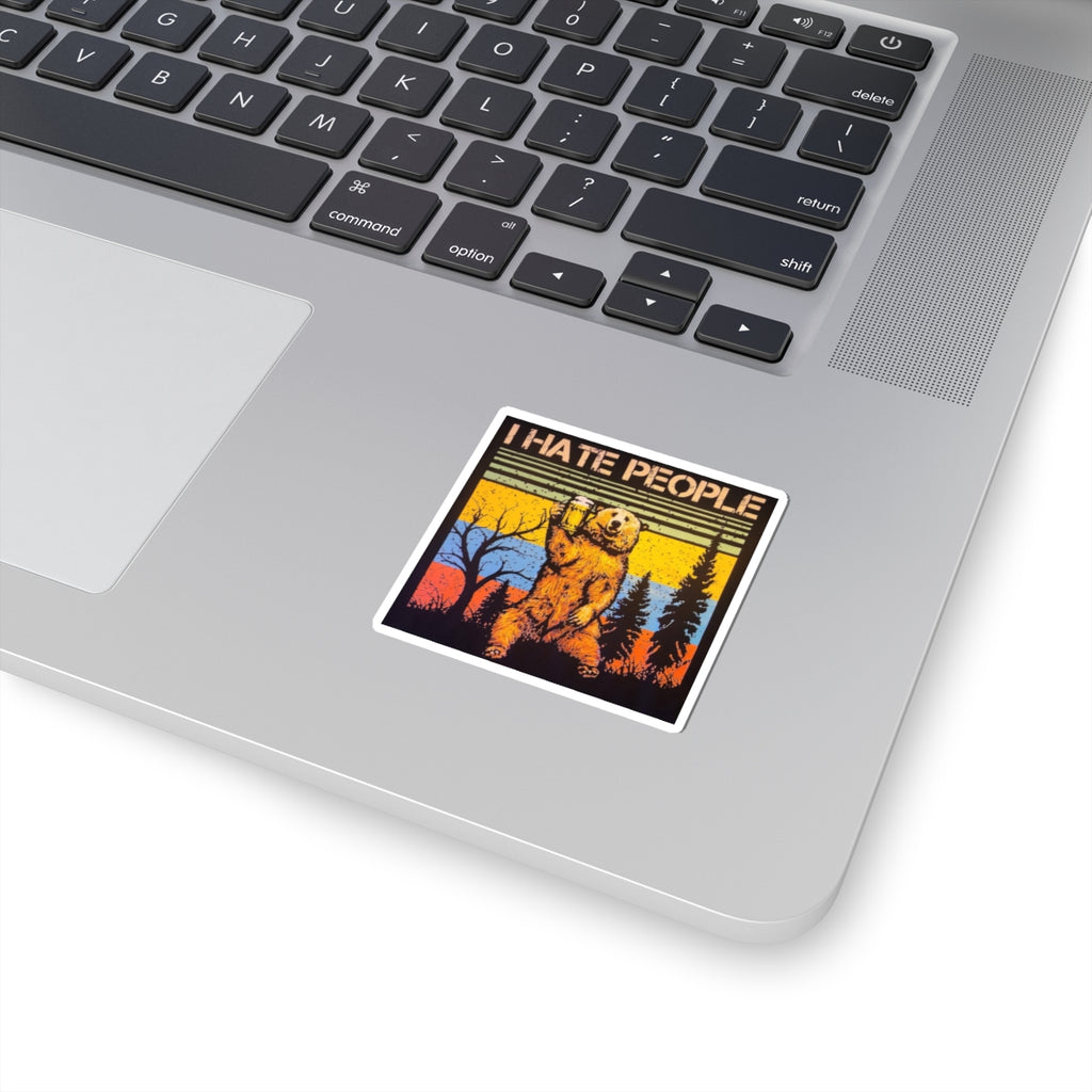 I Hate People Bear Sticker — Retro Vintage Bear Holding Beer Outdoor Laptop Decal