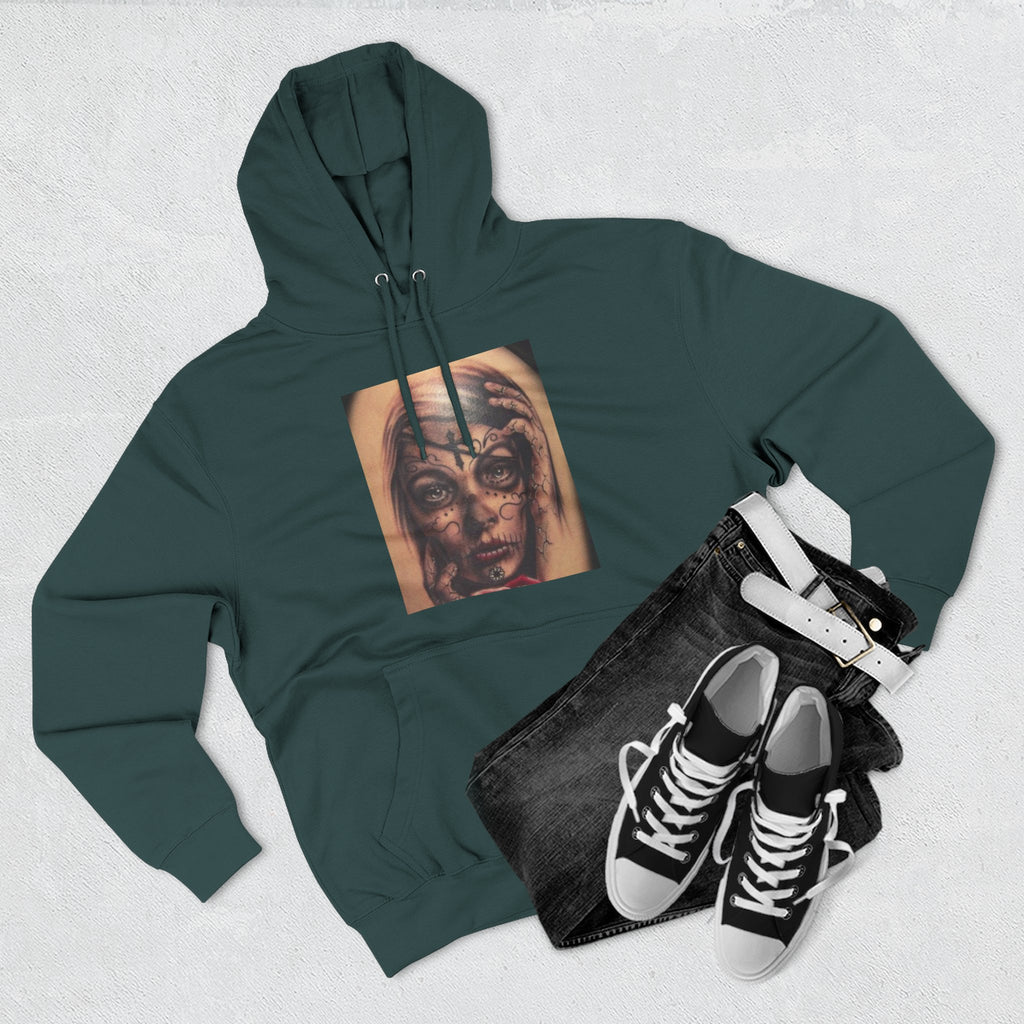 Girl Friends of the Dead Hoodie — Surreal Face Art Three-Panel Graphic Hoodie