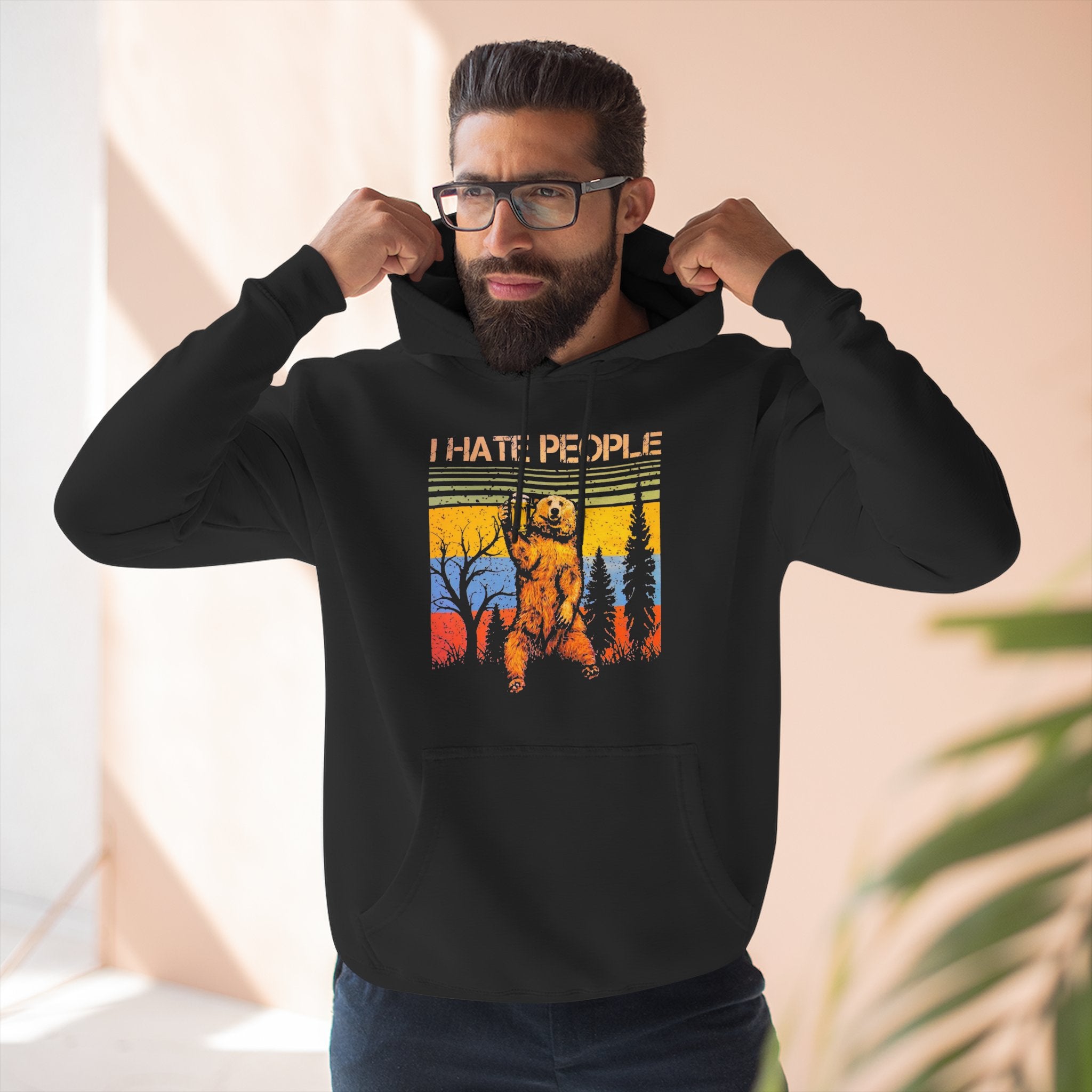 I Hate People Beer Bear Hoodie - comedy fun Retro Sunset Nature Graphic Pullover