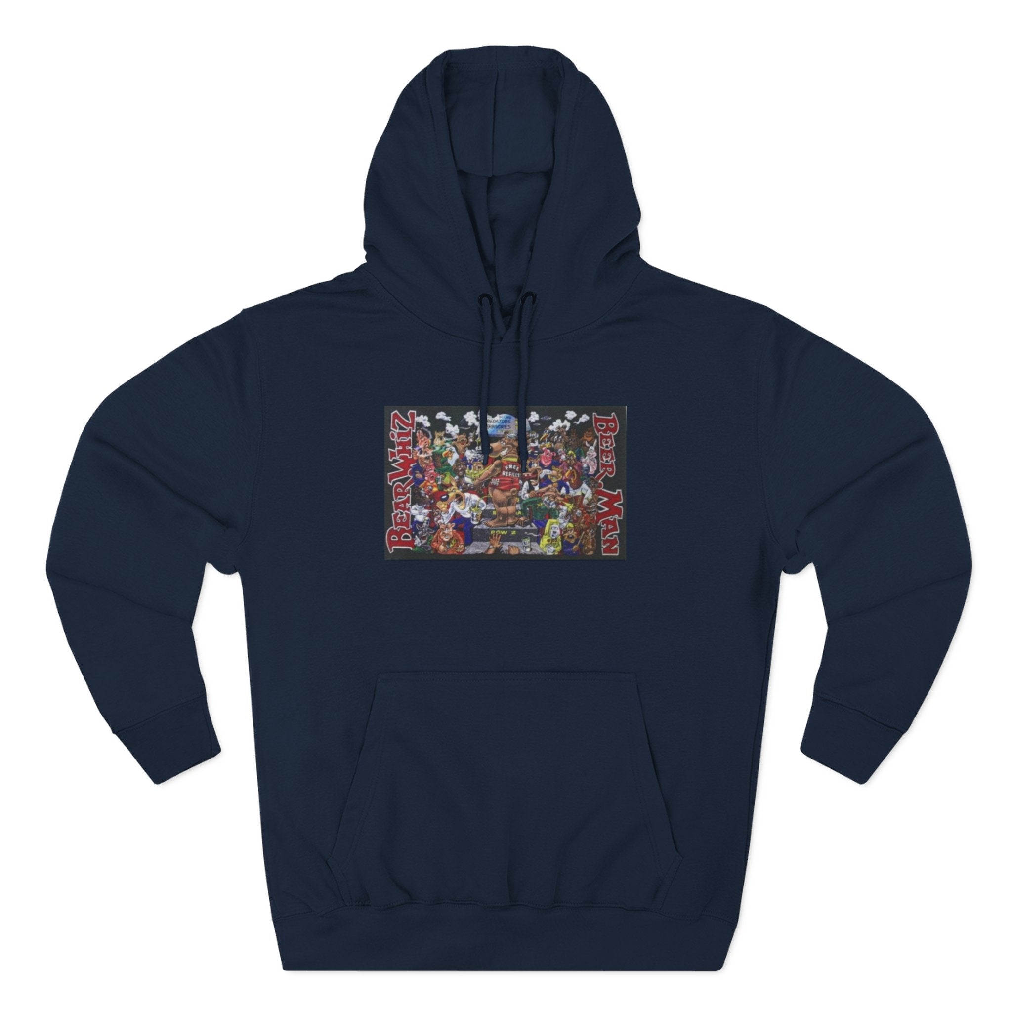 Bear Whiz Beer Beer Man Graphic Hoodie — Colorful Retro Arcade Character Collage