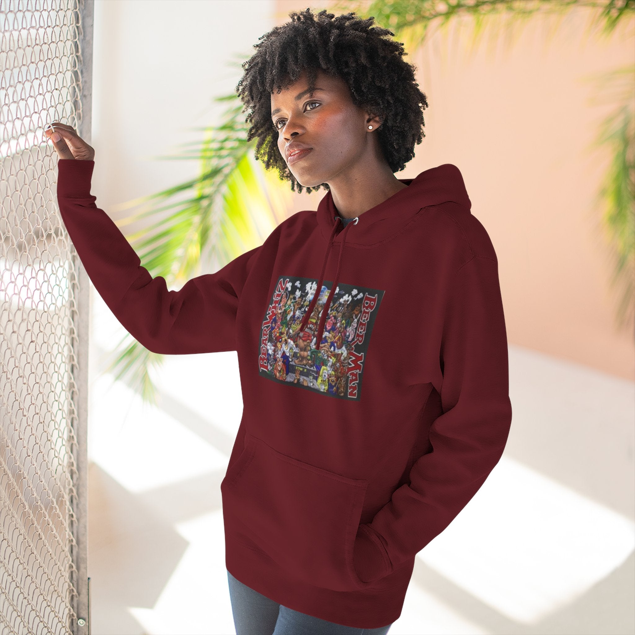 Bear Whiz Beer Beer Man Graphic Hoodie — Colorful Retro Arcade Character Collage