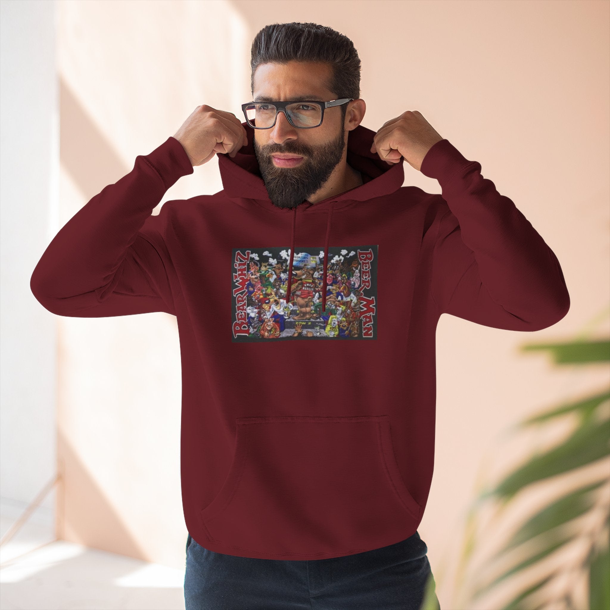 Bear Whiz Beer Beer Man Graphic Hoodie — Colorful Retro Arcade Character Collage