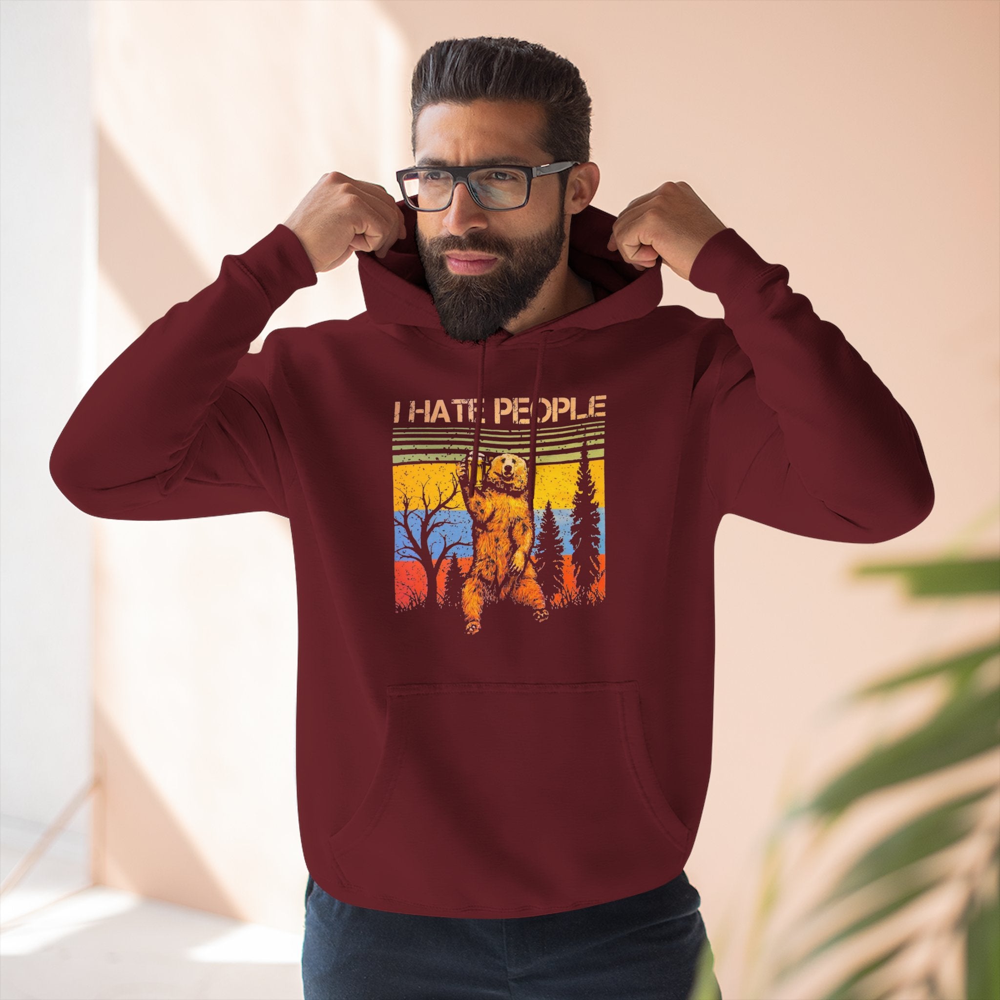 I Hate People Beer Bear Hoodie - comedy fun Retro Sunset Nature Graphic Pullover