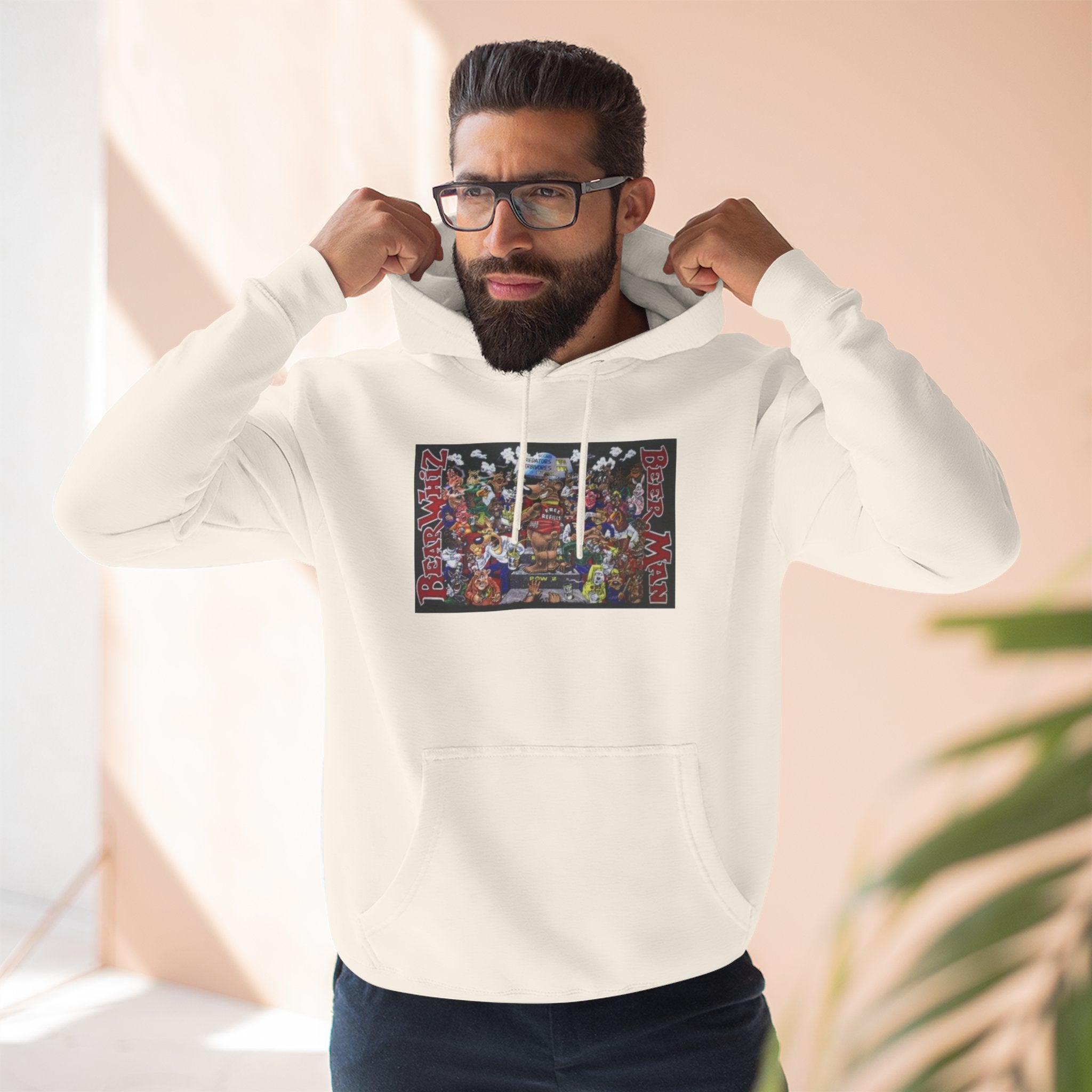 Bear Whiz Beer Beer Man Graphic Hoodie — Colorful Retro Arcade Character Collage