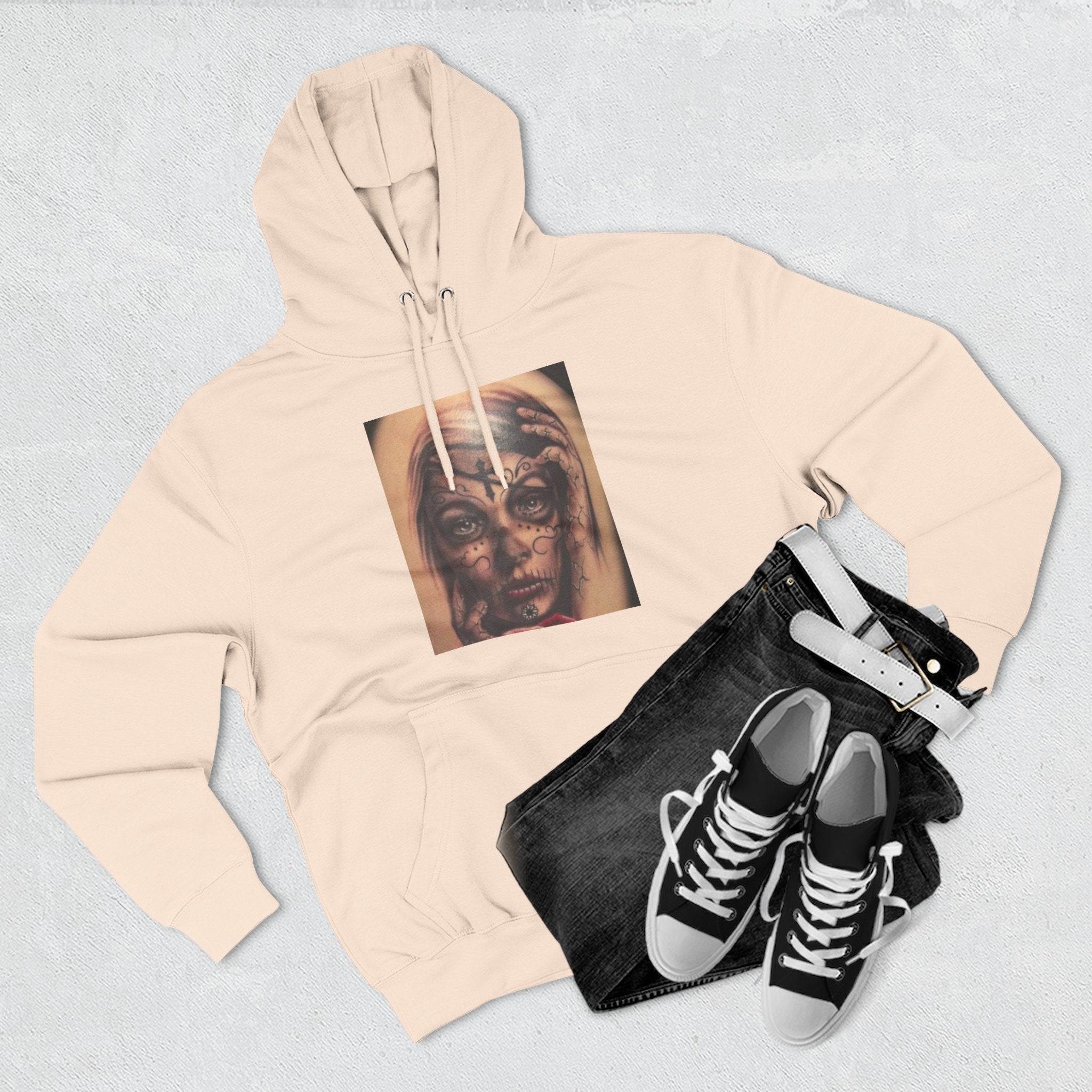 Girl Friends of the Dead Hoodie — Surreal Face Art Three-Panel Graphic Hoodie