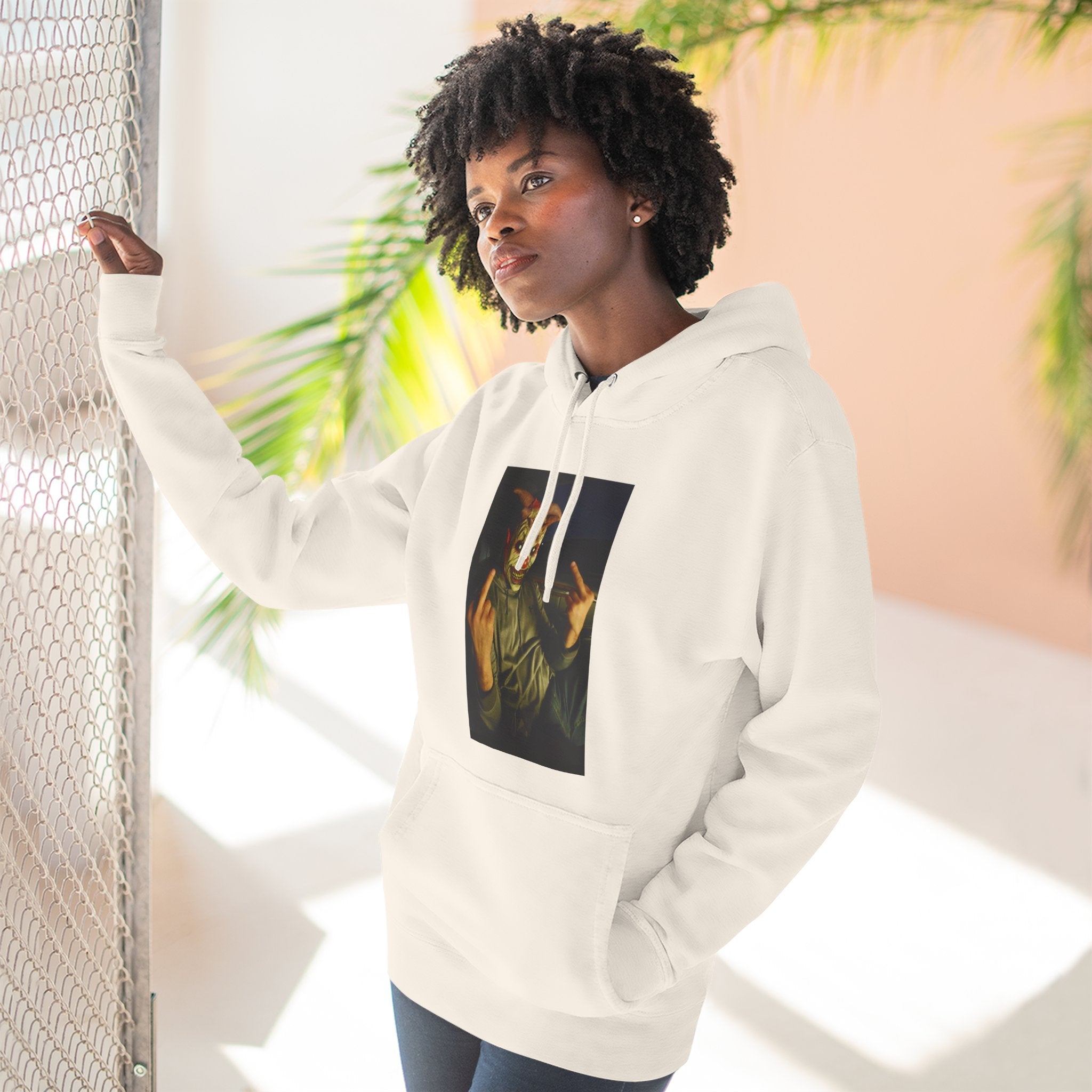 Scare Me Graphic Hoodie — Dark Art Portrait with Hand Gesture Print