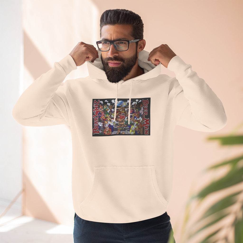 Bear Whiz Beer Beer Man Graphic Hoodie — Colorful Retro Arcade Character Collage