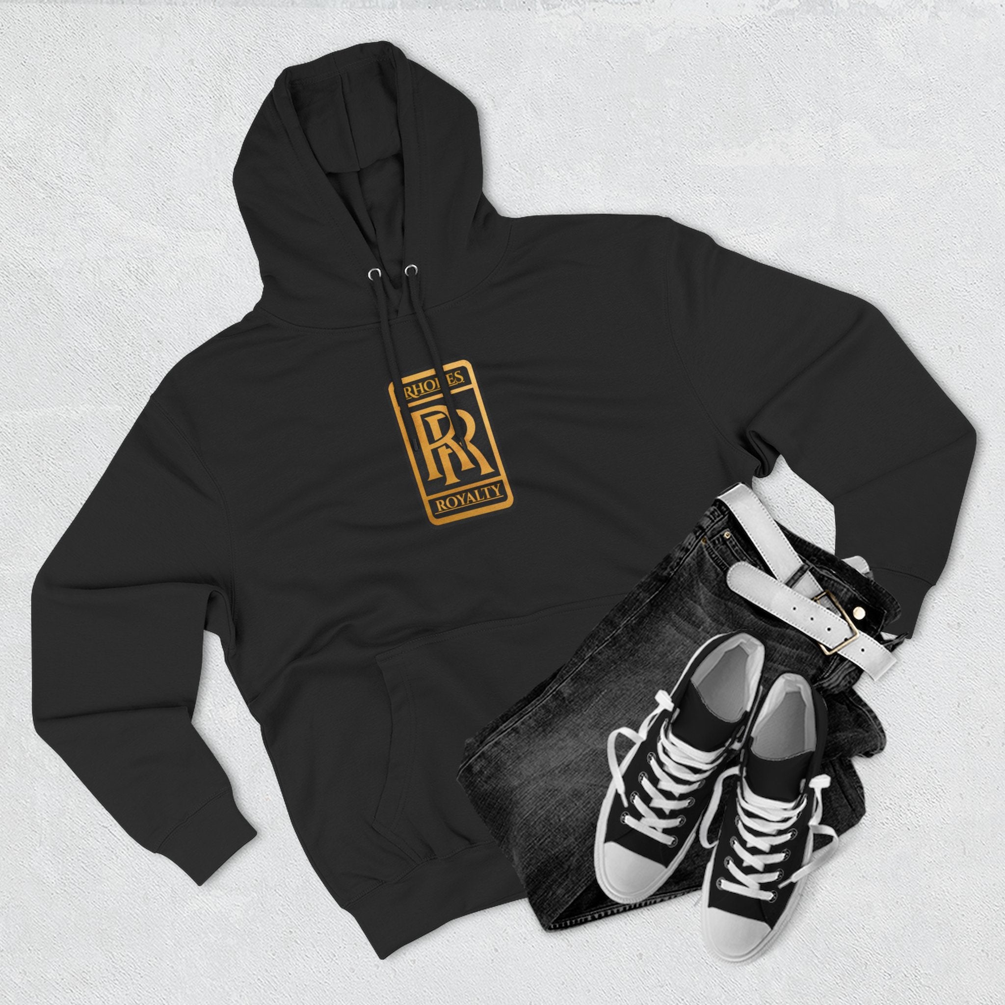 Rhodes Royalty Logo Hoodie — Gold Emblem Fleece Pullover