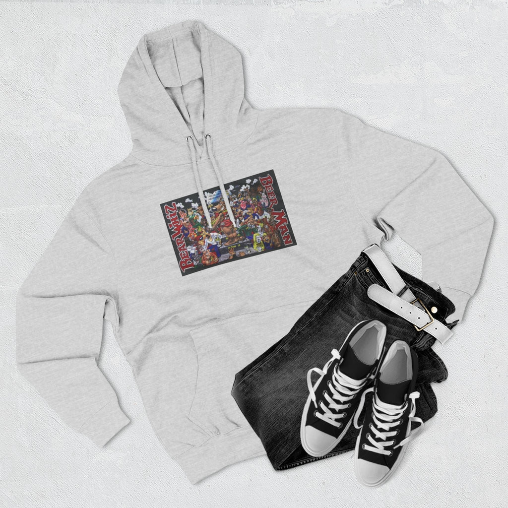 Bear Whiz Beer Beer Man Graphic Hoodie — Colorful Retro Arcade Character Collage