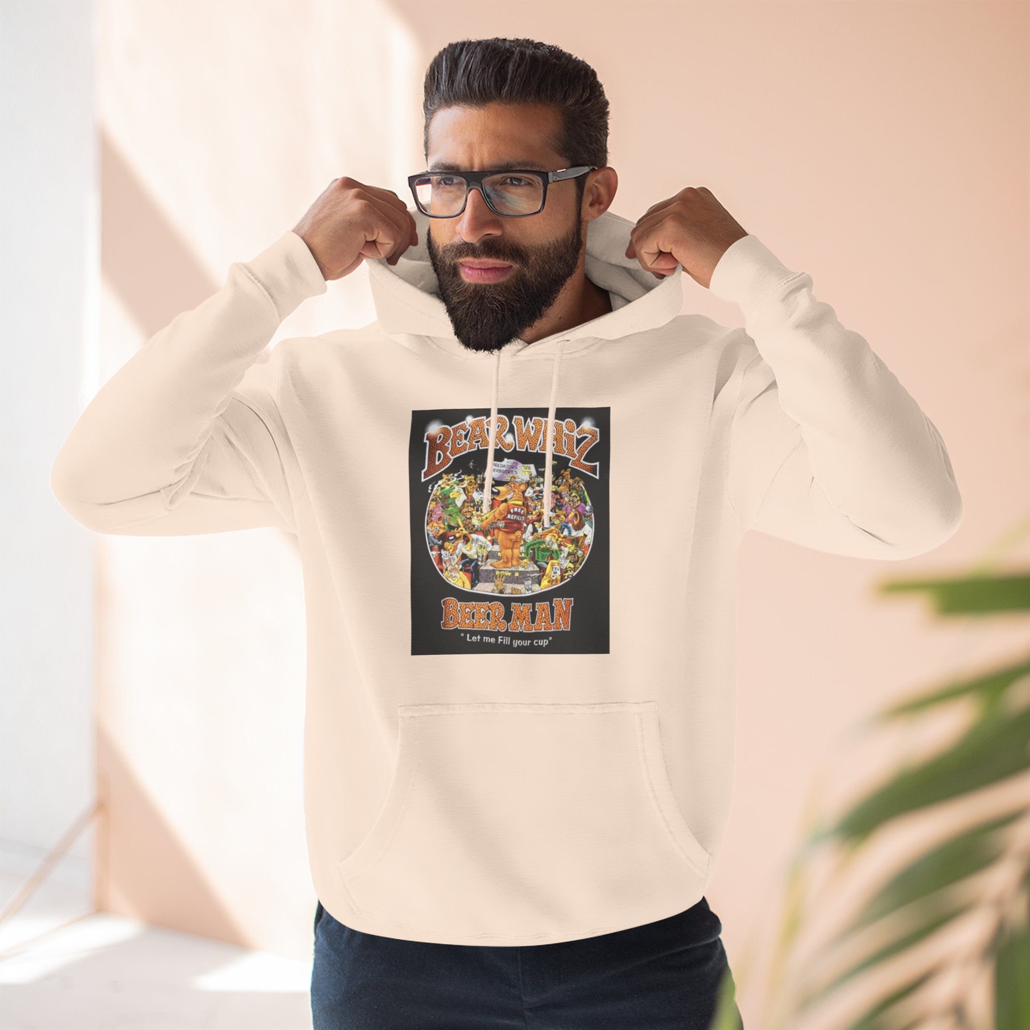 Bear Whiz Beer Fill-em Up Hoodie — Retro Collage Pullover