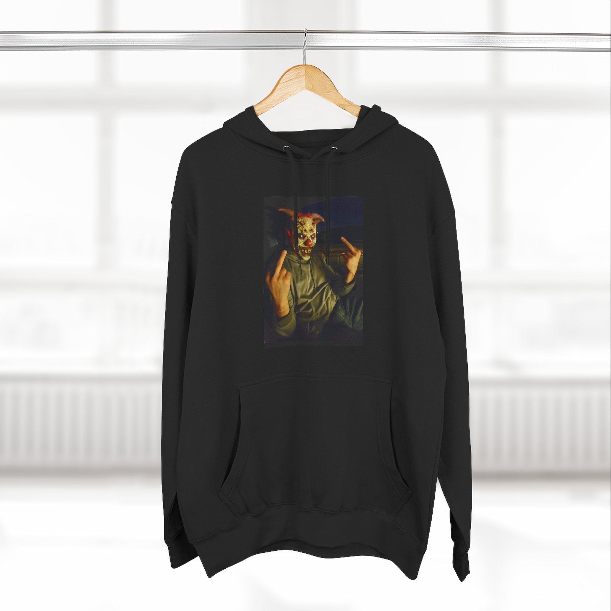 Scare Me Graphic Hoodie — Dark Art Portrait with Hand Gesture Print