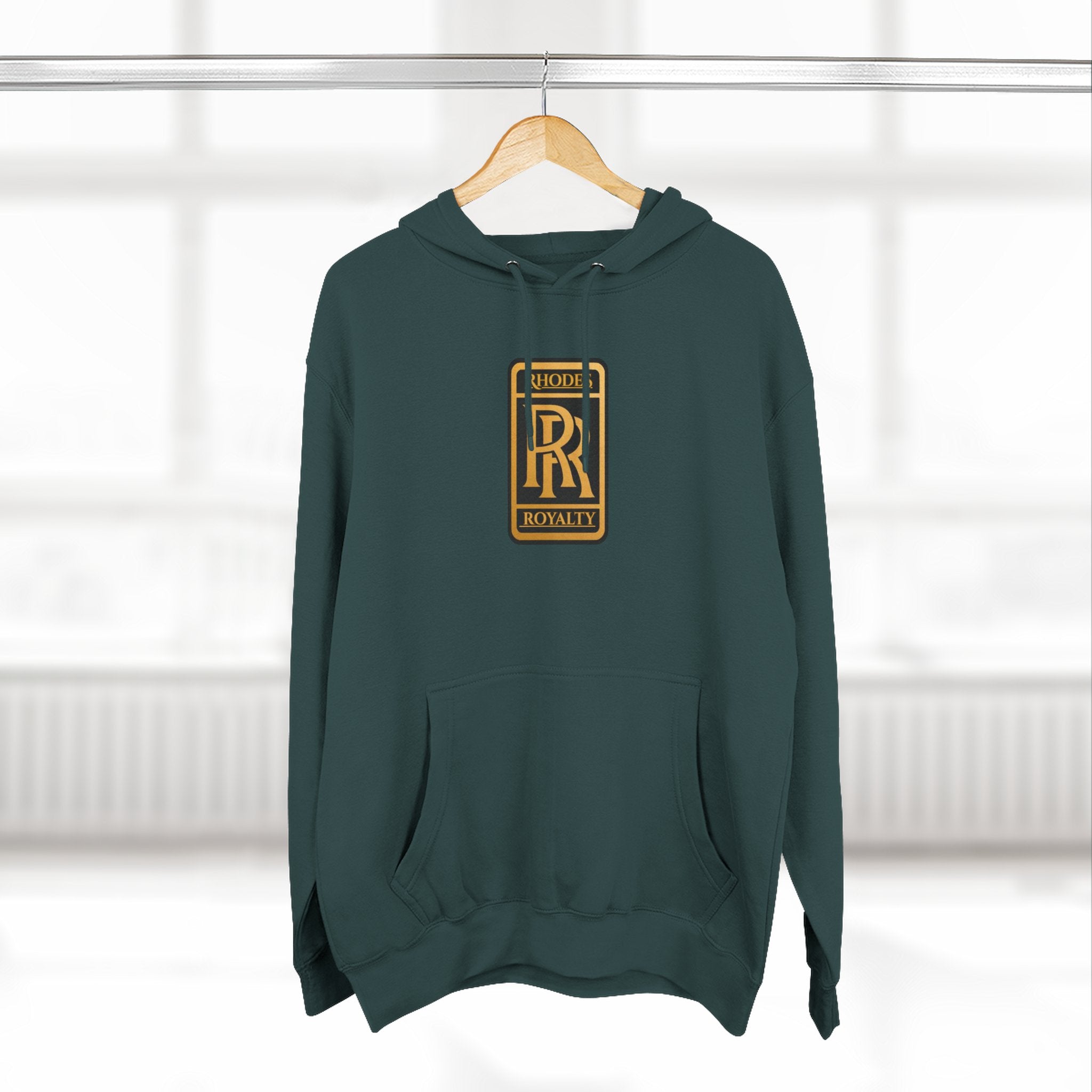 Rhodes Royalty Logo Hoodie — Gold Emblem Fleece Pullover