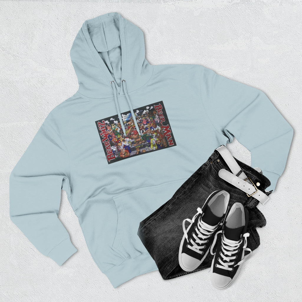 Bear Whiz Beer Beer Man Graphic Hoodie — Colorful Retro Arcade Character Collage