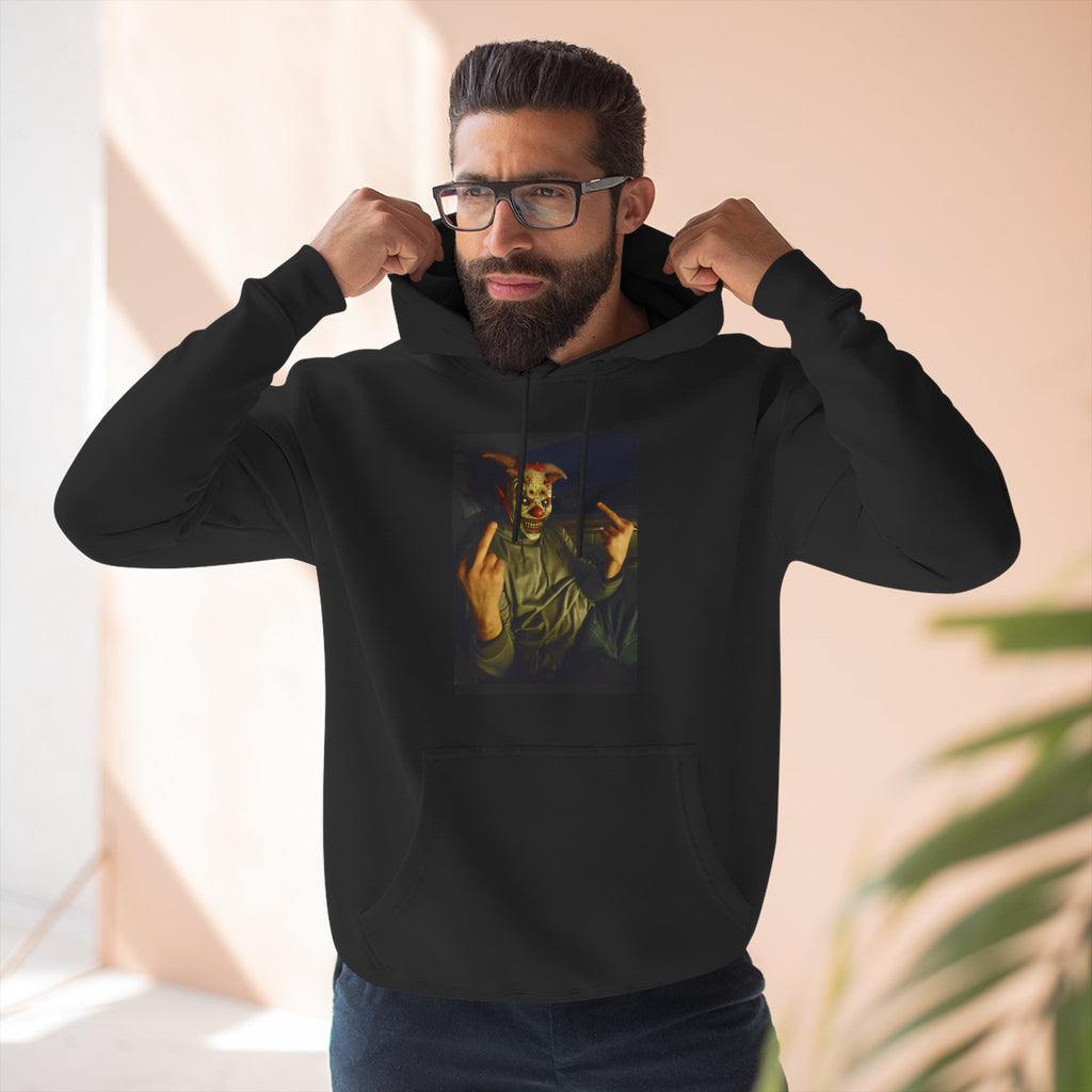 Scare Me Graphic Hoodie — Dark Art Portrait with Hand Gesture Print