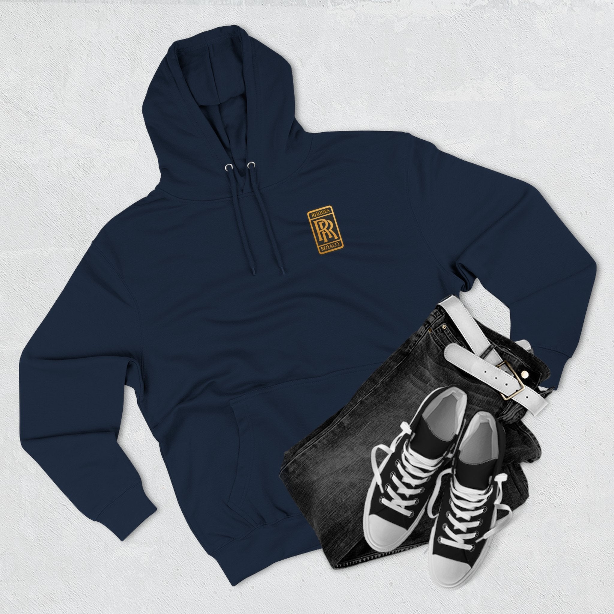 Rhodes Royalty RR Patch Hoodie — Three-Panel Fleece Hooded Sweatshirt