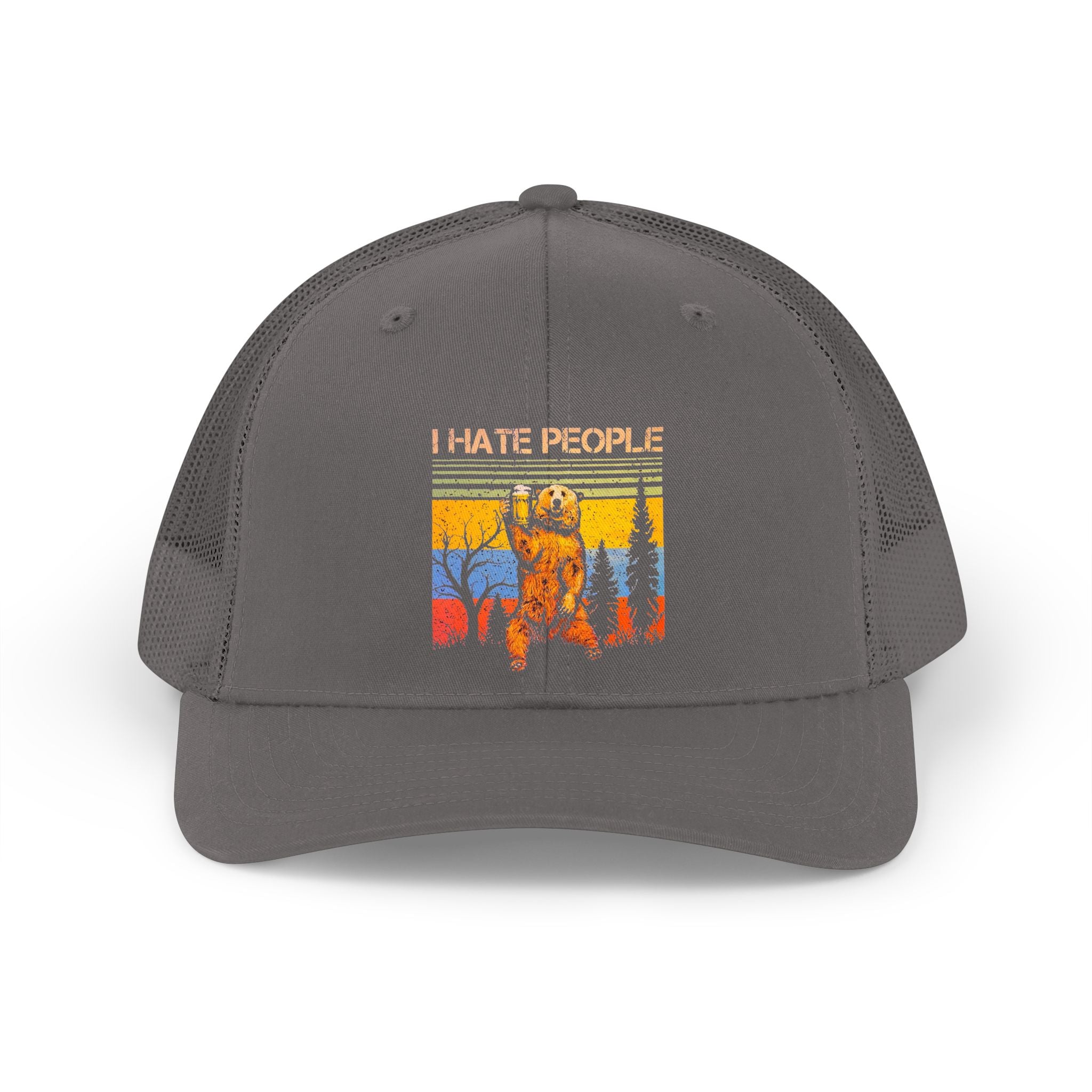 I Hate People Retro Trucker Hat — Vintage Bear Forest Mesh Cap