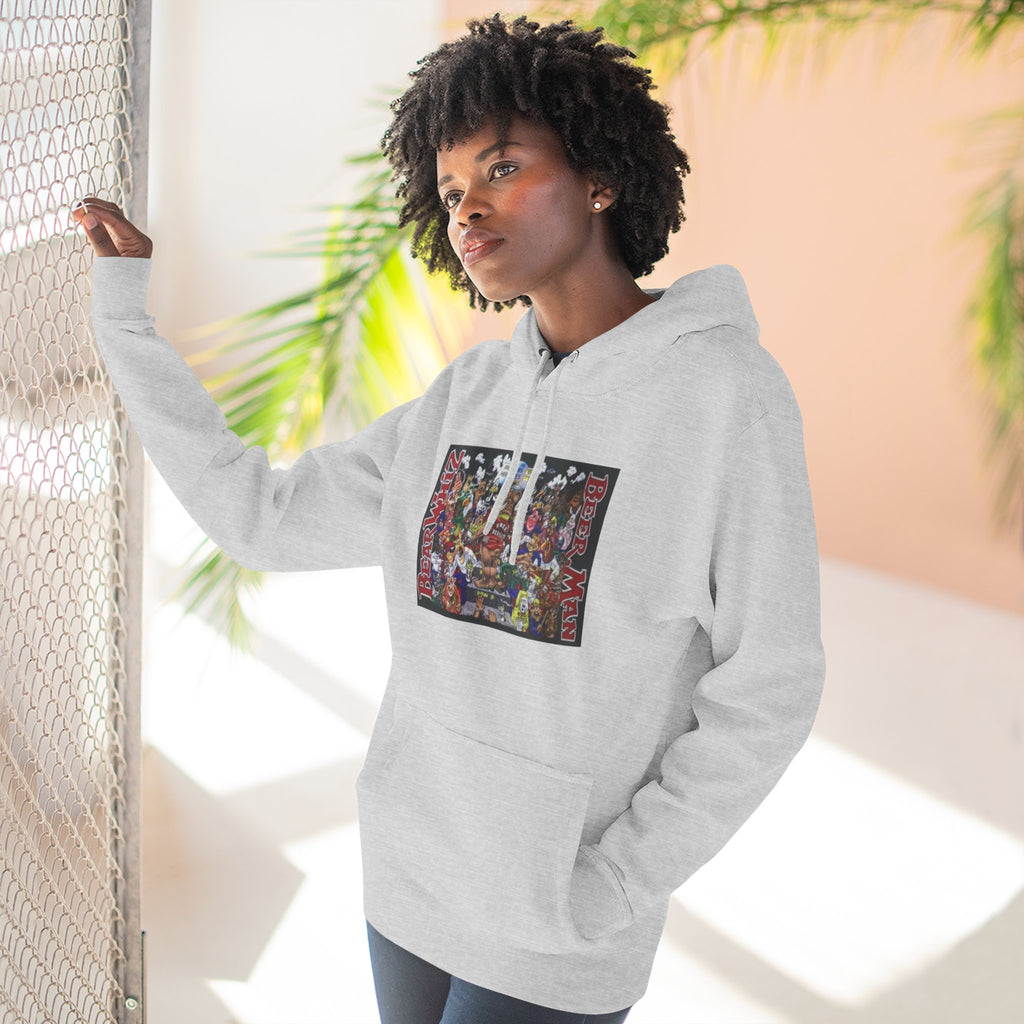 Bear Whiz Beer Beer Man Graphic Hoodie — Colorful Retro Arcade Character Collage