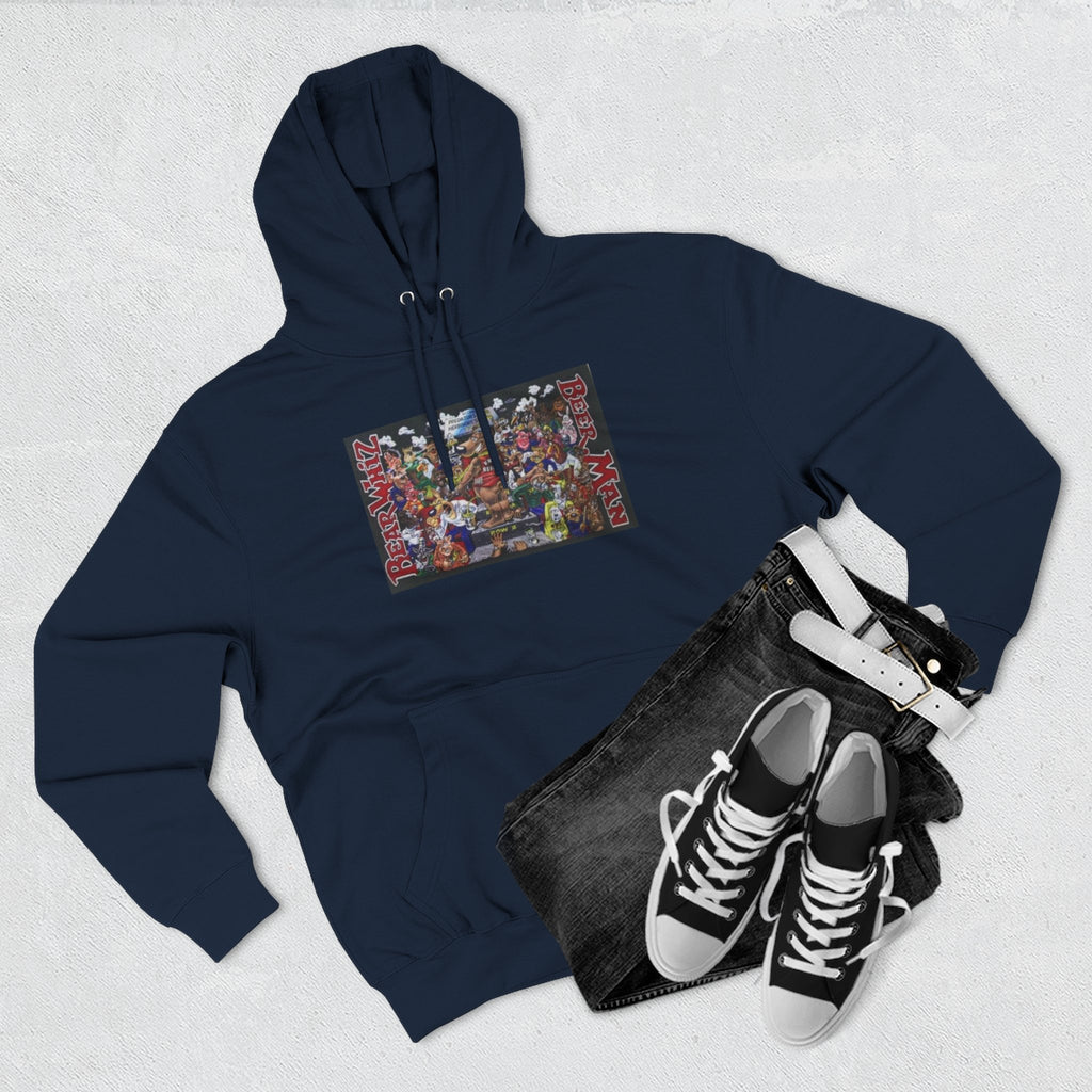Bear Whiz Beer Beer Man Graphic Hoodie — Colorful Retro Arcade Character Collage