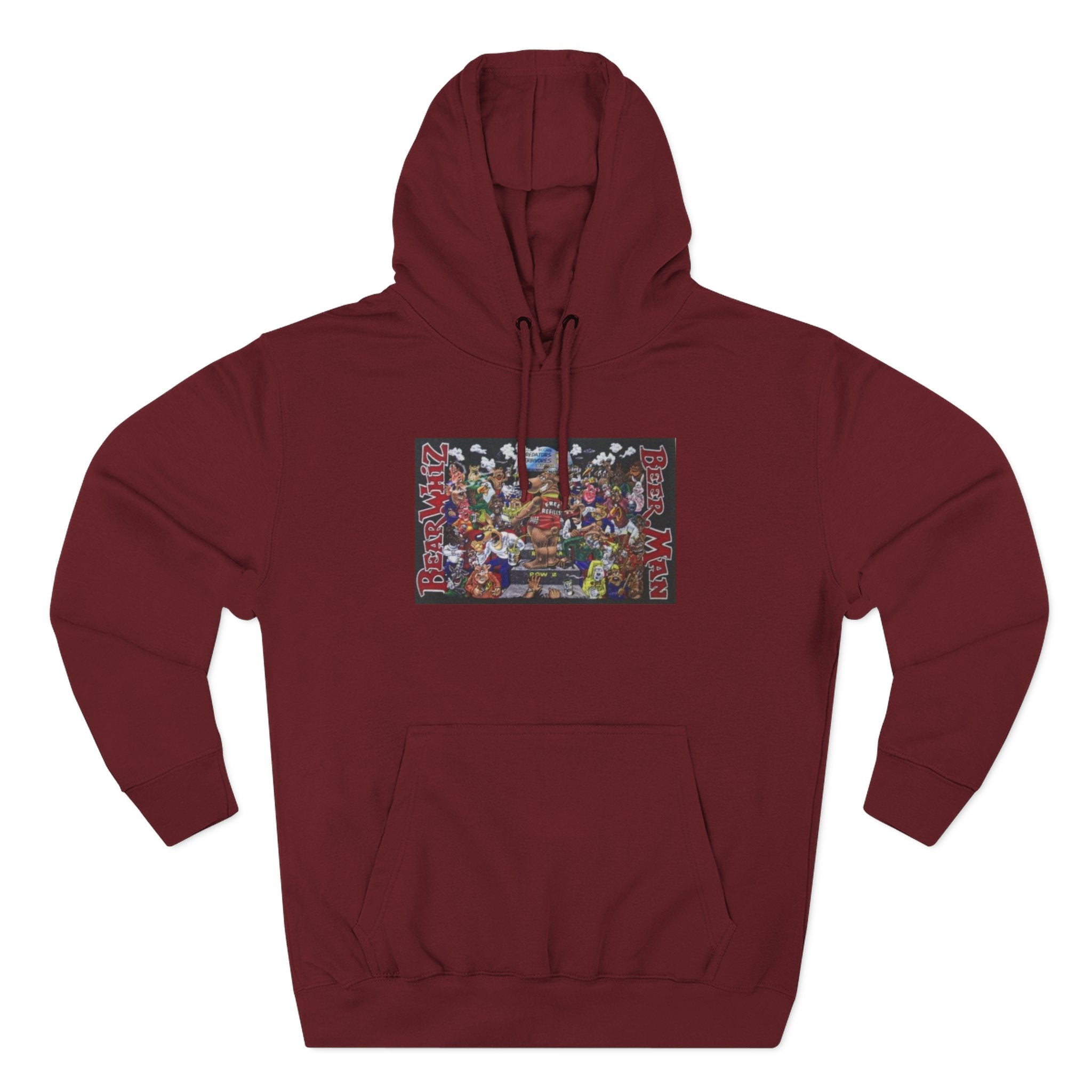 Bear Whiz Beer Beer Man Graphic Hoodie — Colorful Retro Arcade Character Collage