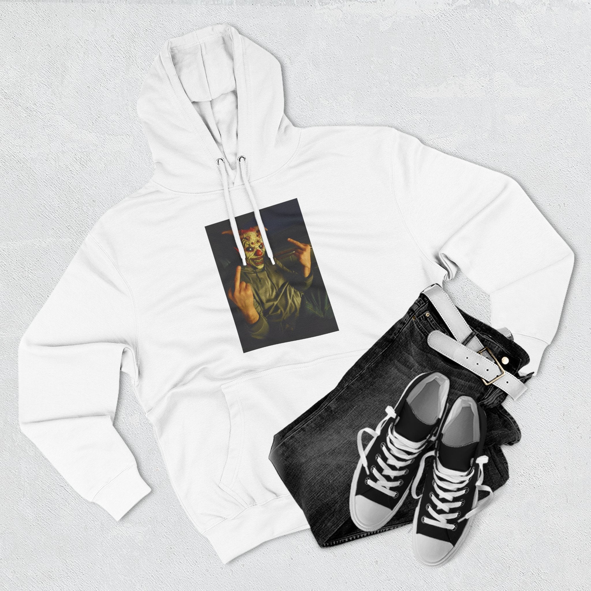 Scare Me Graphic Hoodie — Dark Art Portrait with Hand Gesture Print