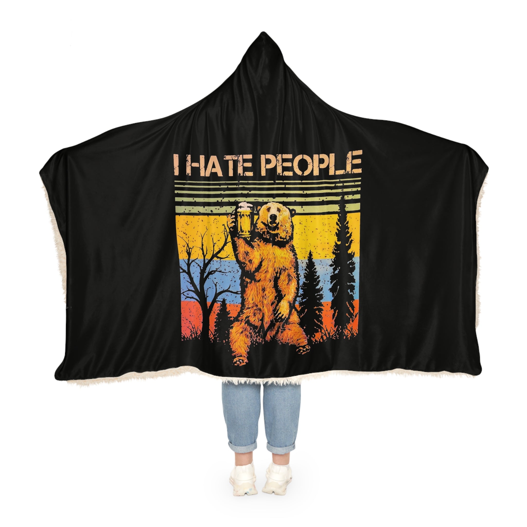 i Hate People  snuggie Hooded Blanket — Vintage 'I Hate People' Bear Cozy Throw for Outdoorsy Antisocials