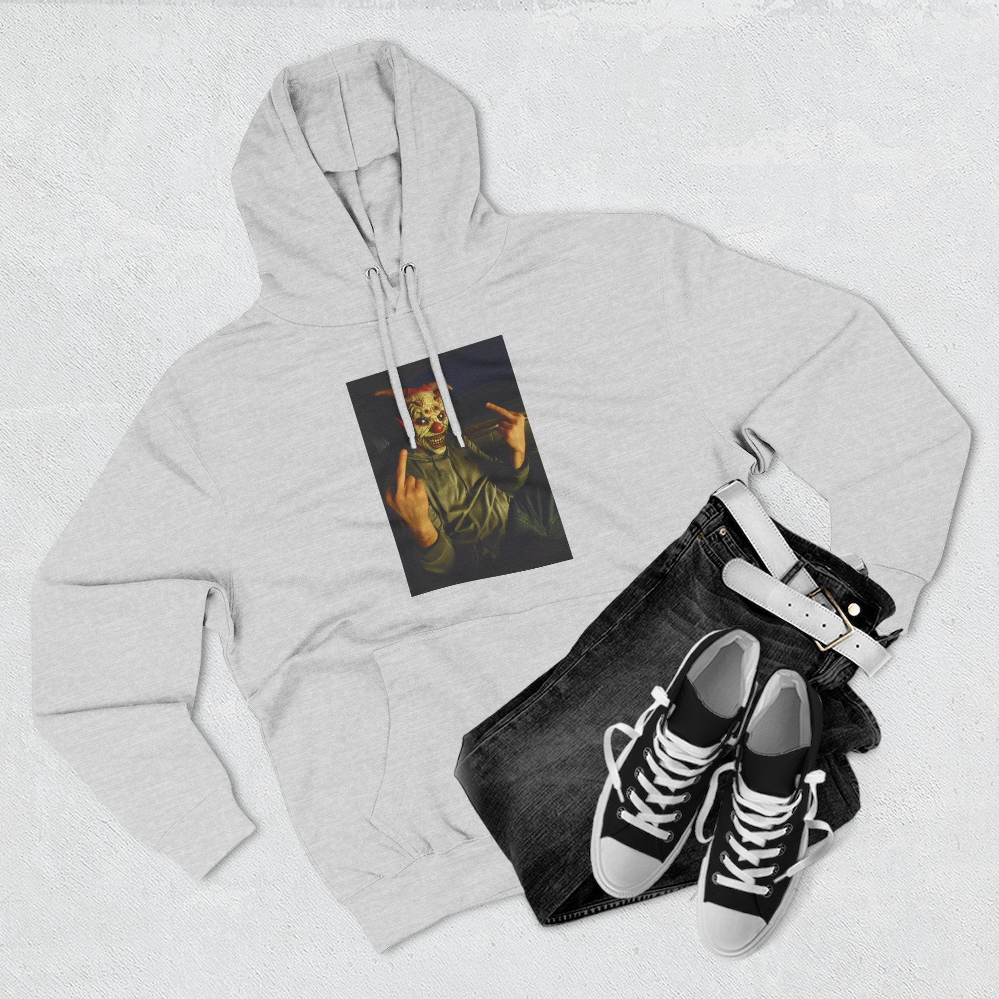 Scare Me Graphic Hoodie — Dark Art Portrait with Hand Gesture Print