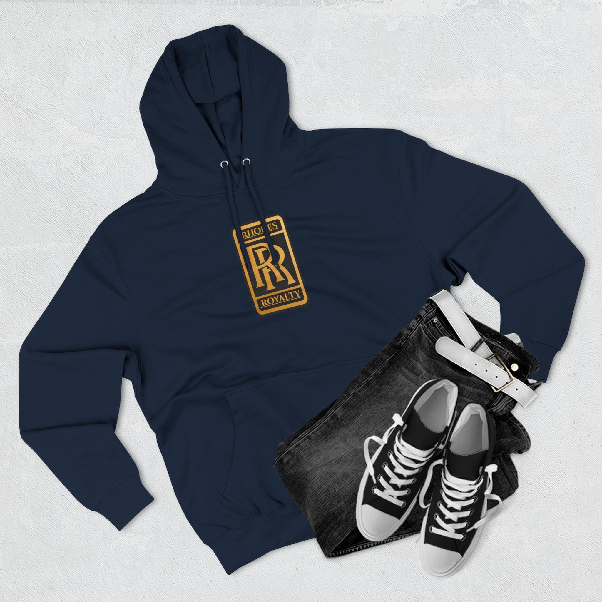 Rhodes Royalty Logo Hoodie — Gold Emblem Fleece Pullover