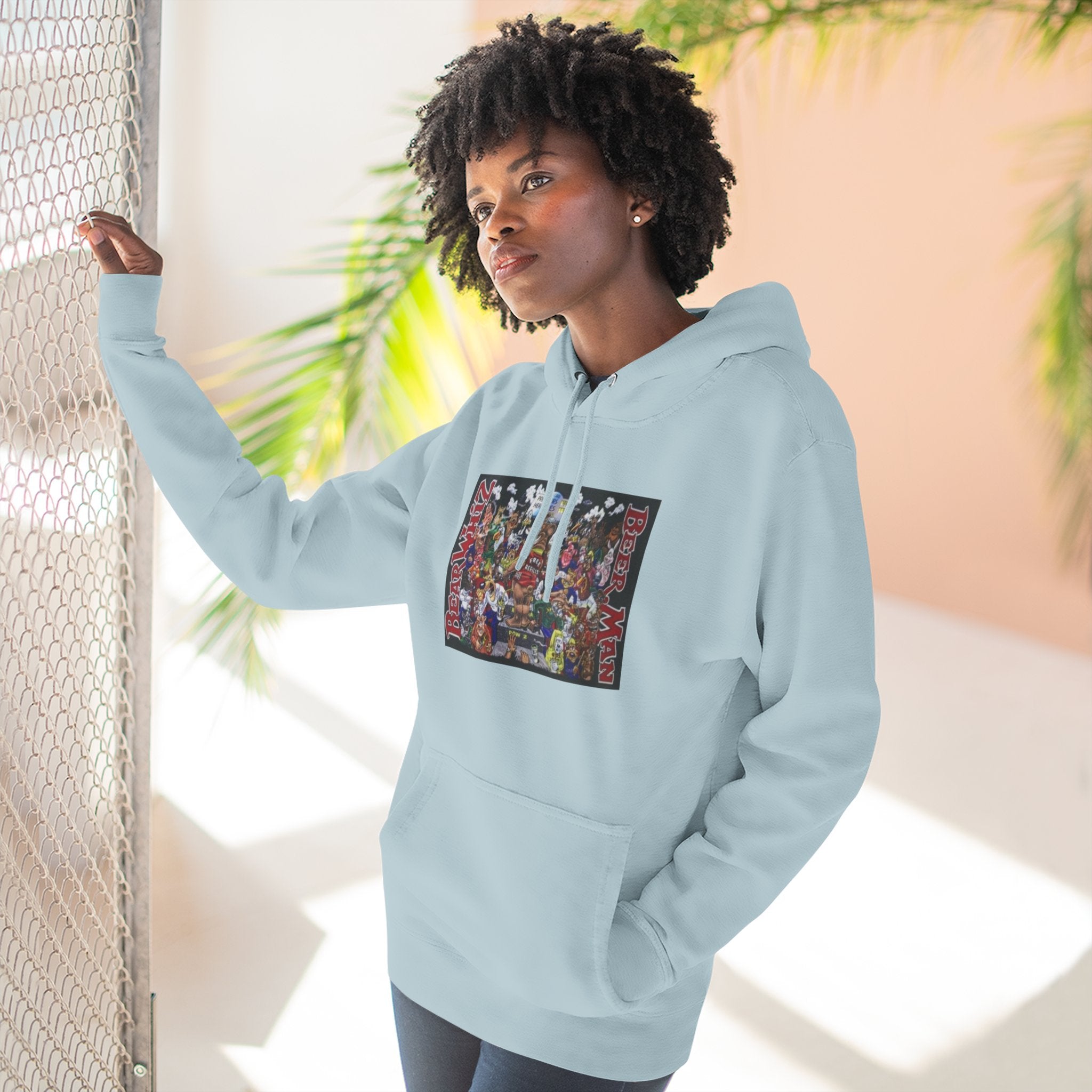 Bear Whiz Beer Beer Man Graphic Hoodie — Colorful Retro Arcade Character Collage