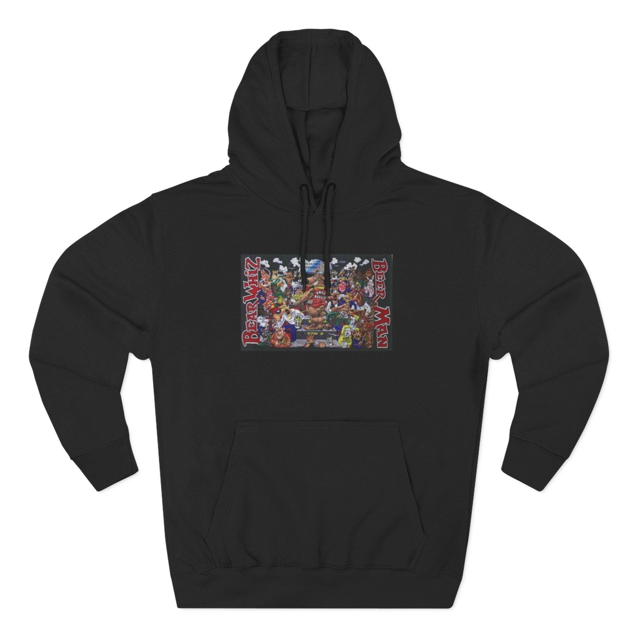 Bear Whiz Beer Beer Man Graphic Hoodie — Colorful Retro Arcade Character Collage