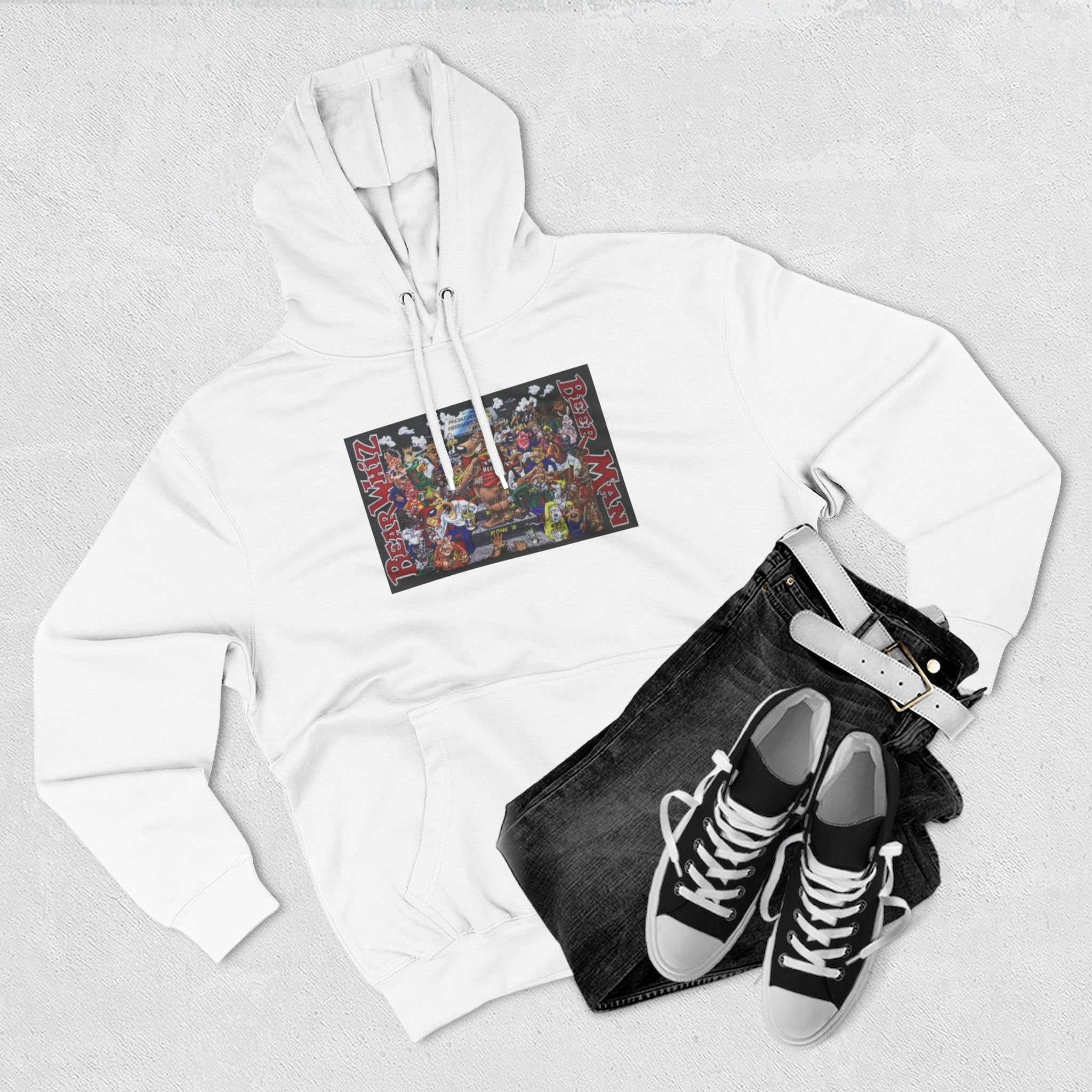 Bear Whiz Beer Beer Man Graphic Hoodie — Colorful Retro Arcade Character Collage