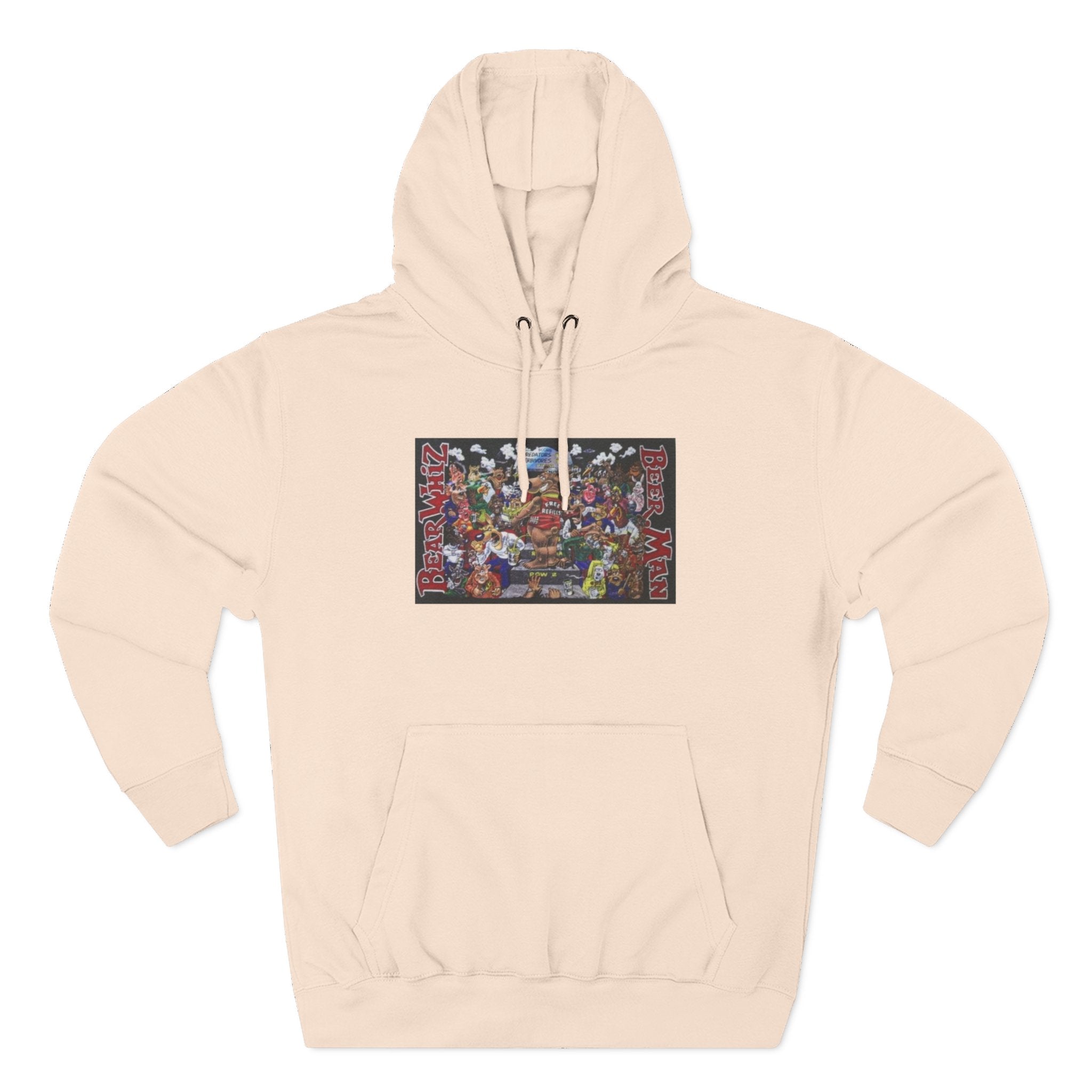 Bear Whiz Beer Beer Man Graphic Hoodie — Colorful Retro Arcade Character Collage