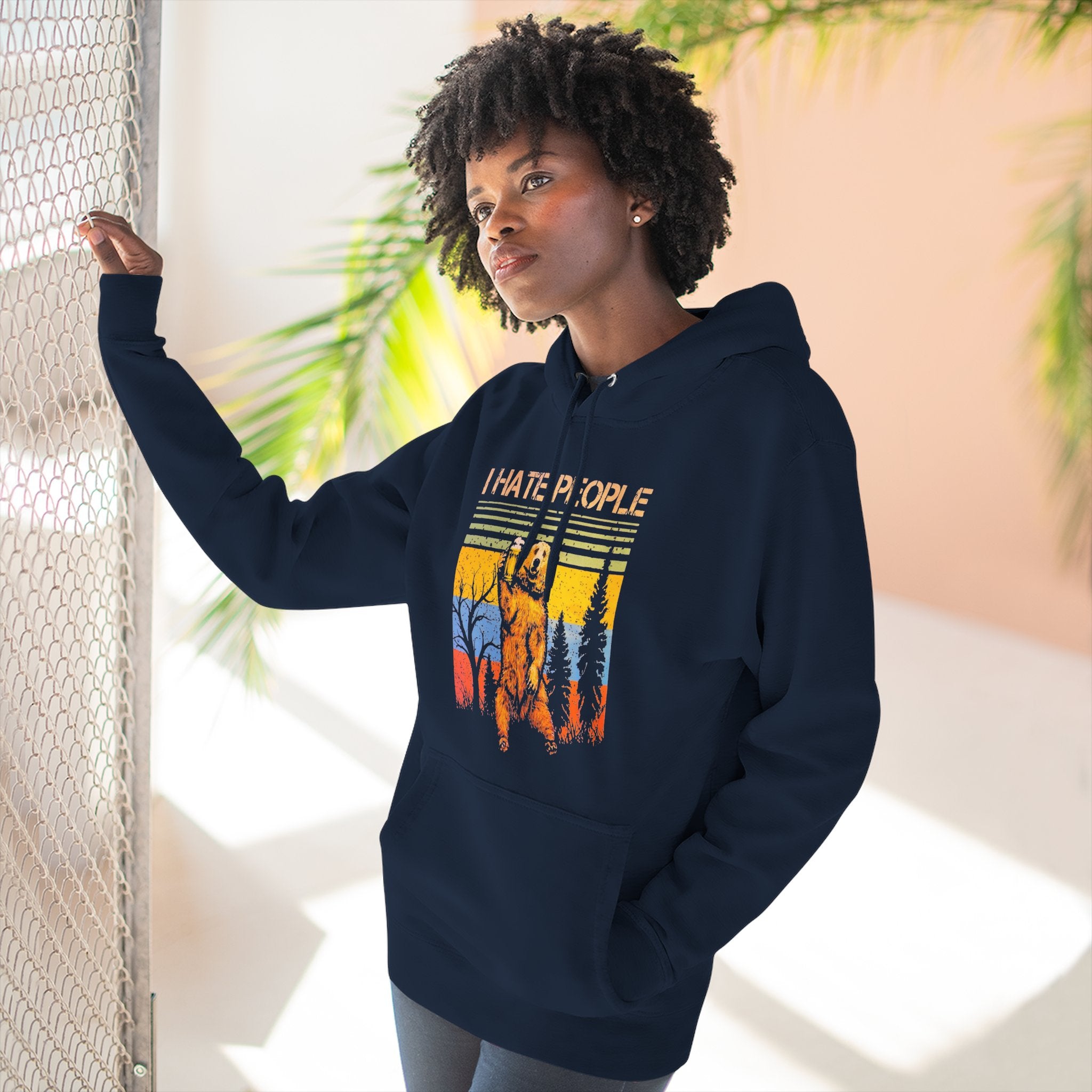 I Hate People Beer Bear Hoodie - comedy fun Retro Sunset Nature Graphic Pullover
