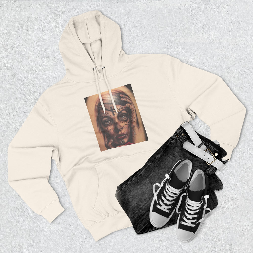 Girl Friends of the Dead Hoodie — Surreal Face Art Three-Panel Graphic Hoodie