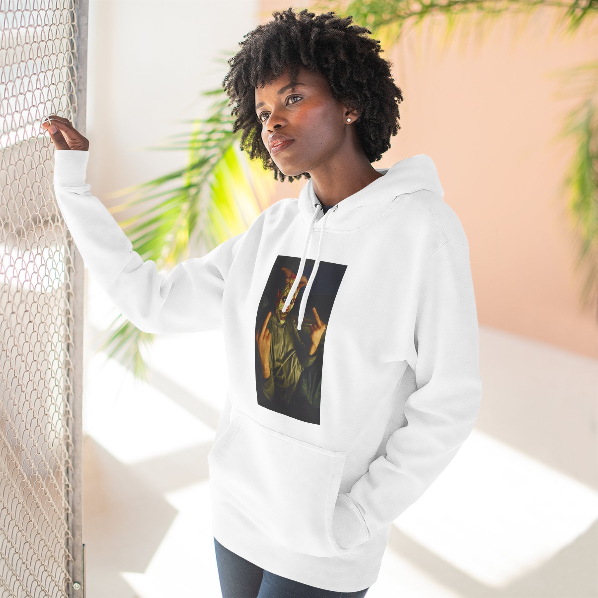 Scare Me Graphic Hoodie — Dark Art Portrait with Hand Gesture Print