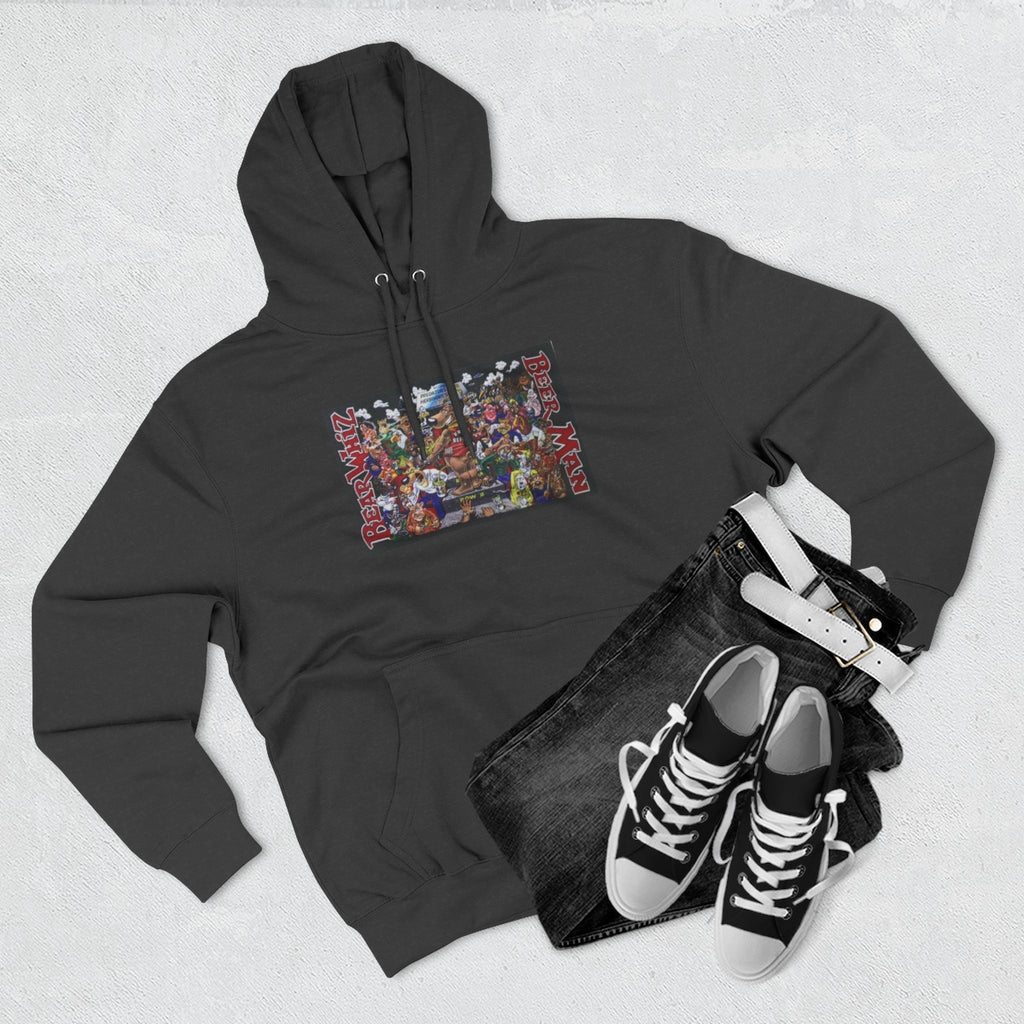 Bear Whiz Beer Beer Man Graphic Hoodie — Colorful Retro Arcade Character Collage