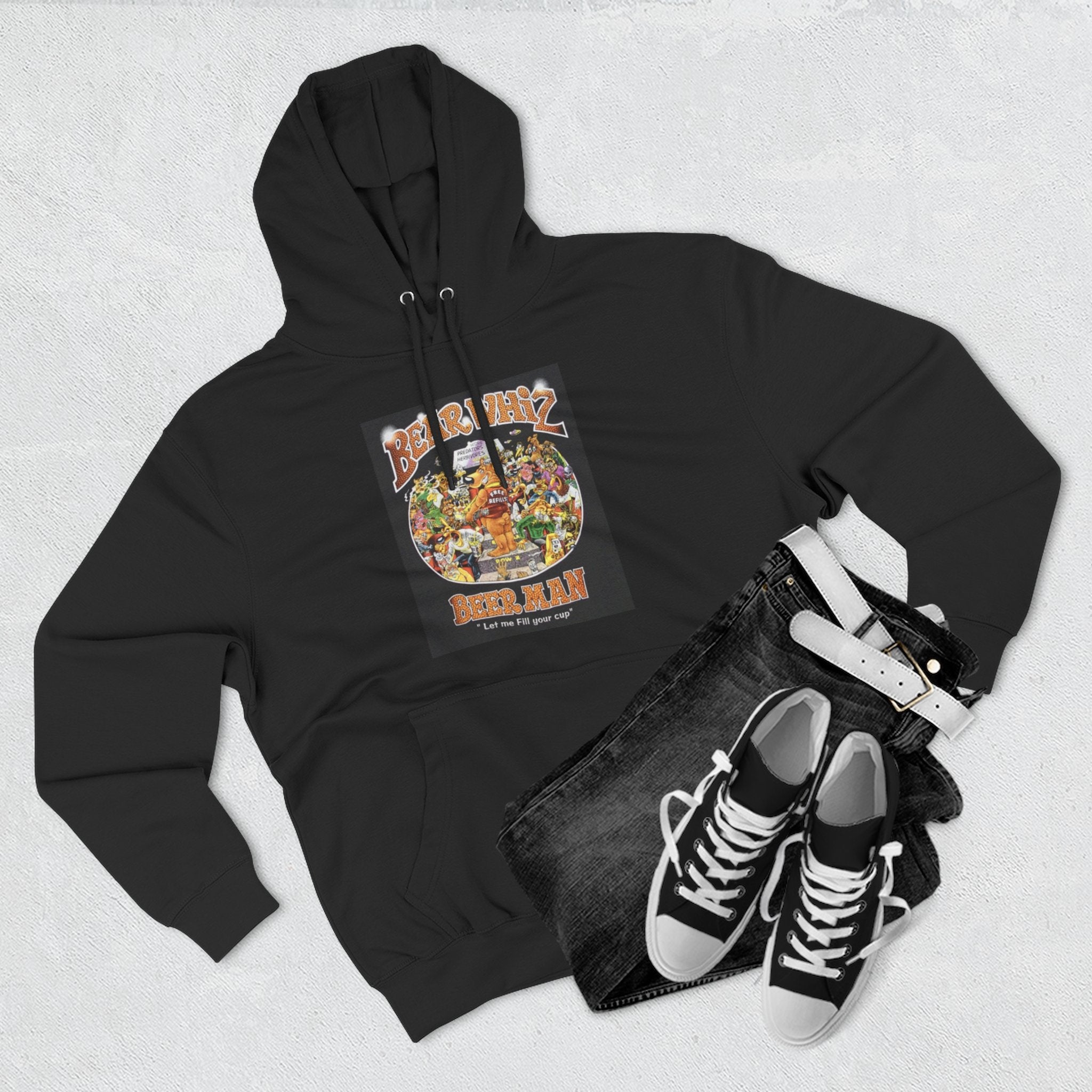 Bear Whiz Beer Fill-em Up Hoodie — Retro Collage Pullover
