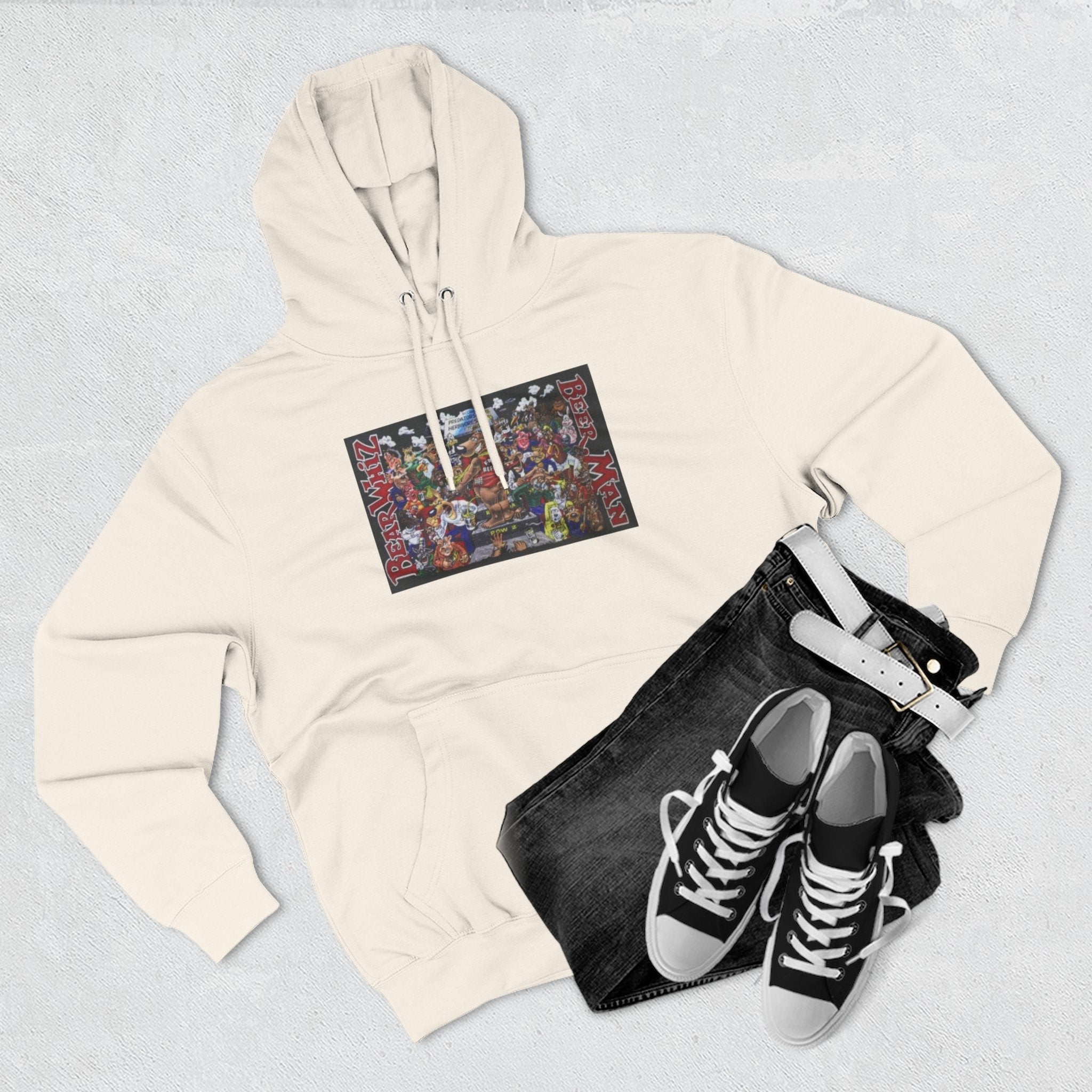 Bear Whiz Beer Beer Man Graphic Hoodie — Colorful Retro Arcade Character Collage