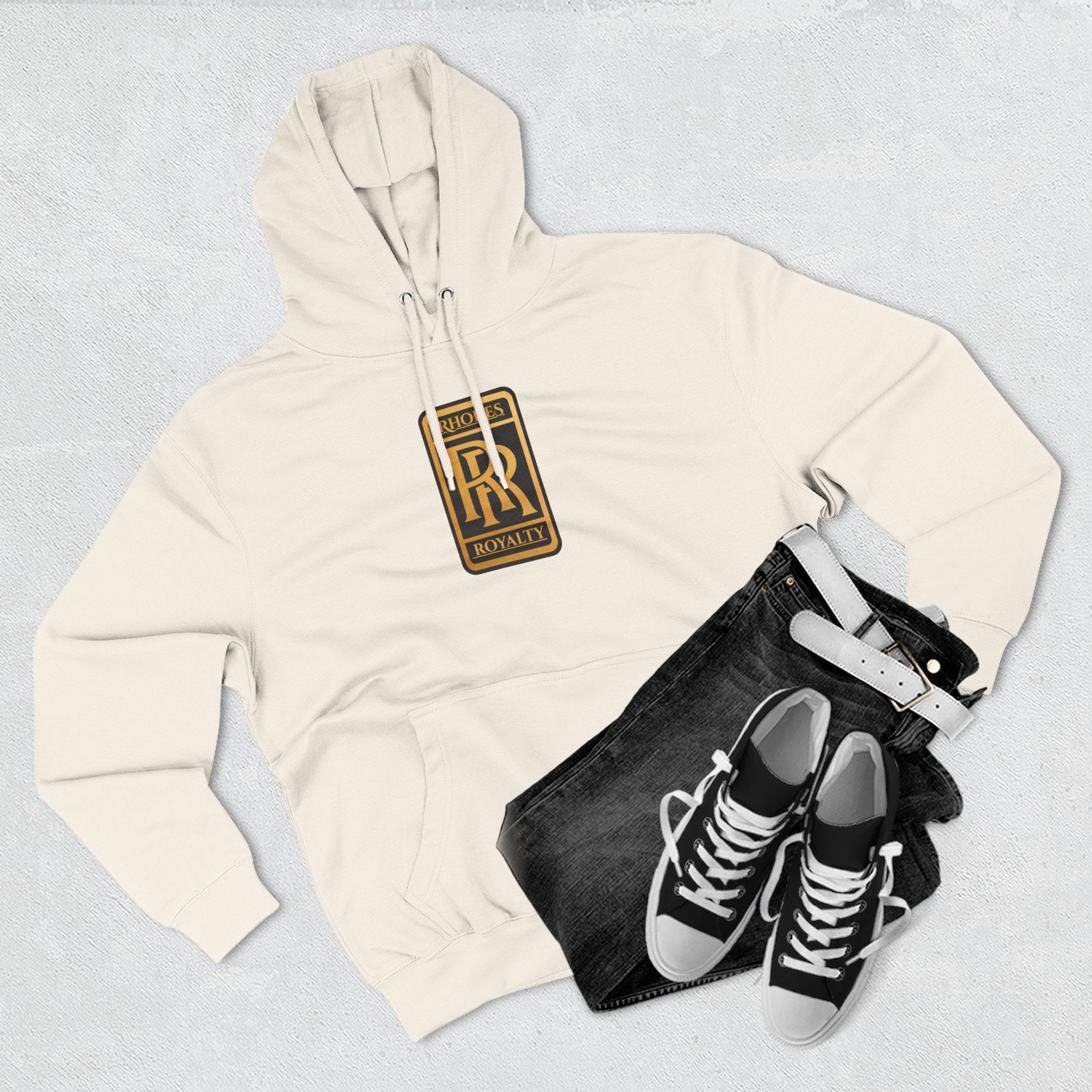 Rhodes Royalty Logo Hoodie — Gold Emblem Fleece Pullover