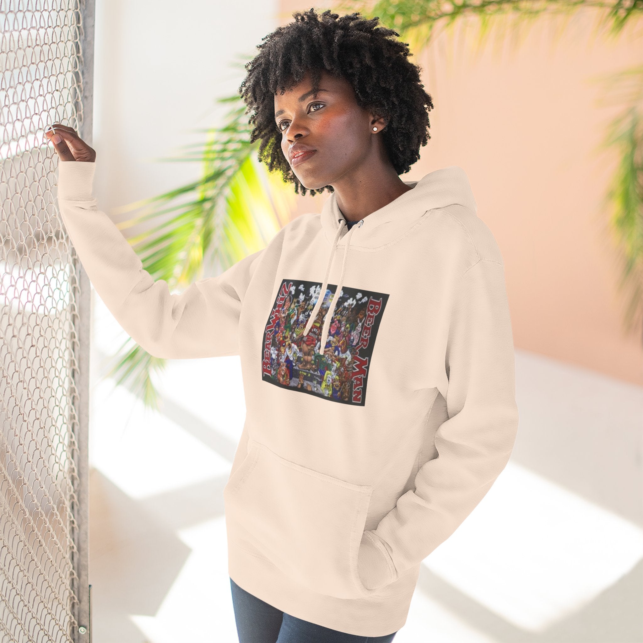 Bear Whiz Beer Beer Man Graphic Hoodie — Colorful Retro Arcade Character Collage
