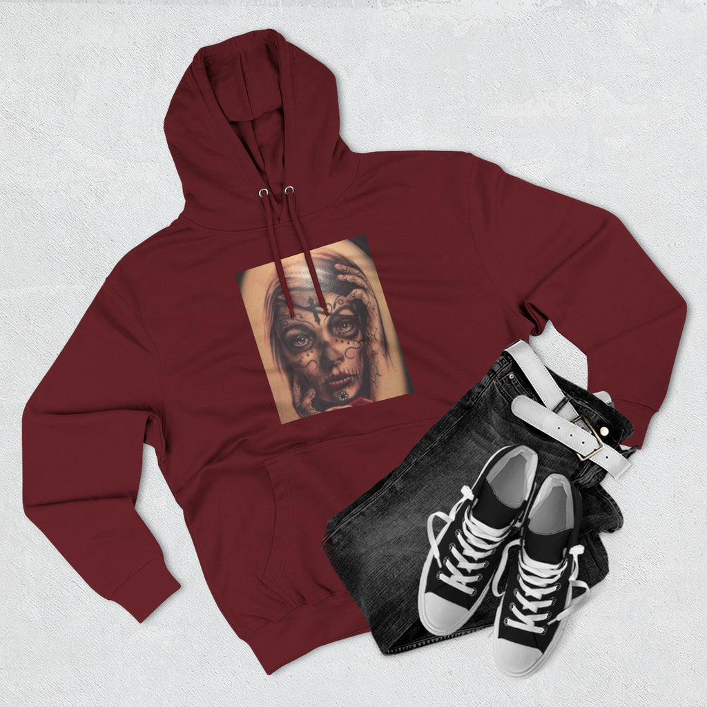 Girl Friends of the Dead Hoodie — Surreal Face Art Three-Panel Graphic Hoodie
