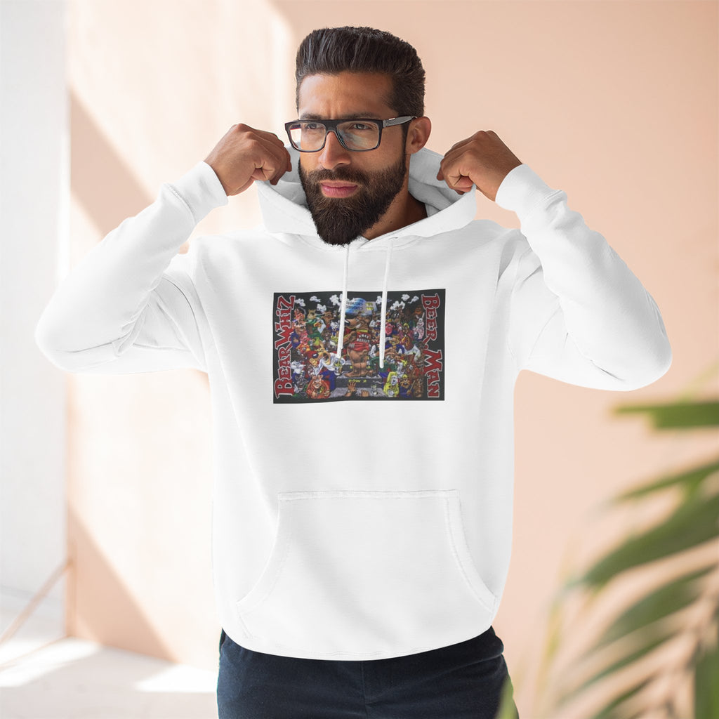 Bear Whiz Beer Beer Man Graphic Hoodie — Colorful Retro Arcade Character Collage
