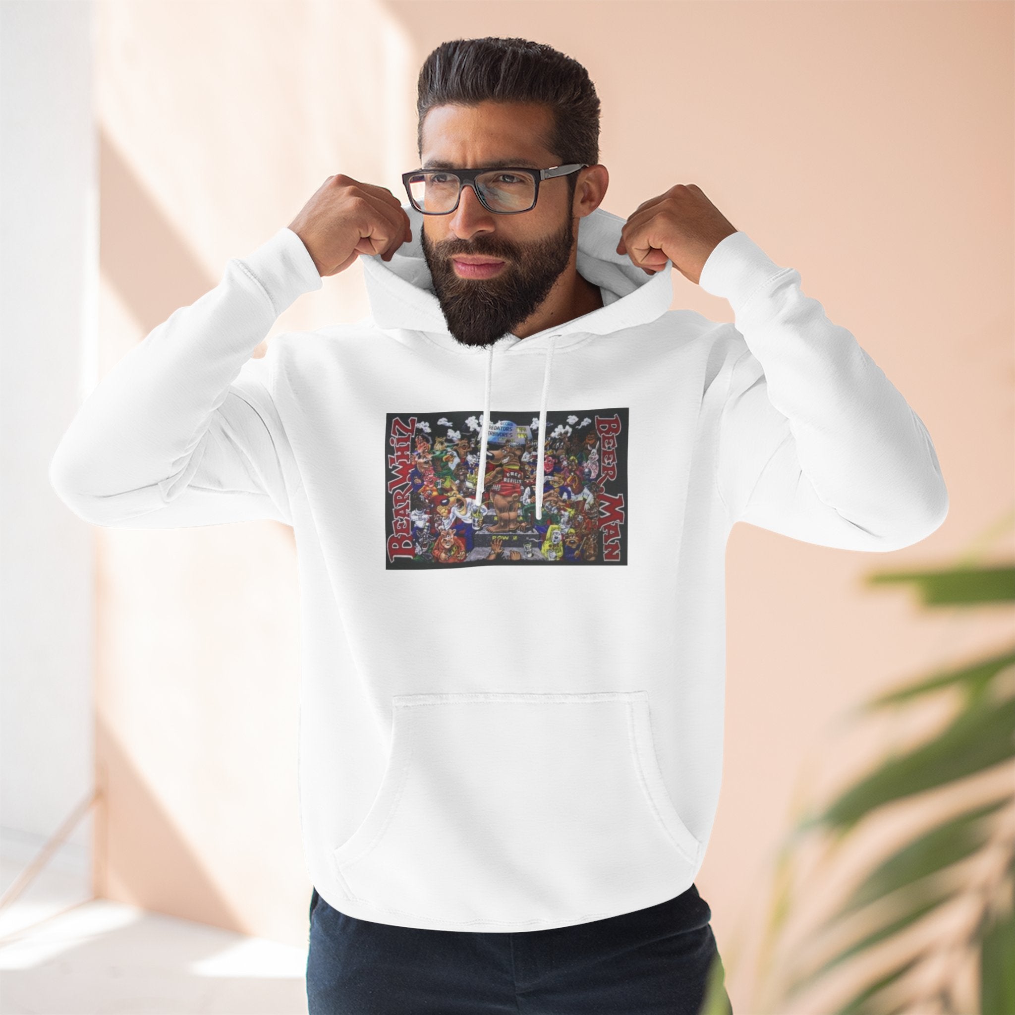 Bear Whiz Beer Beer Man Graphic Hoodie — Colorful Retro Arcade Character Collage