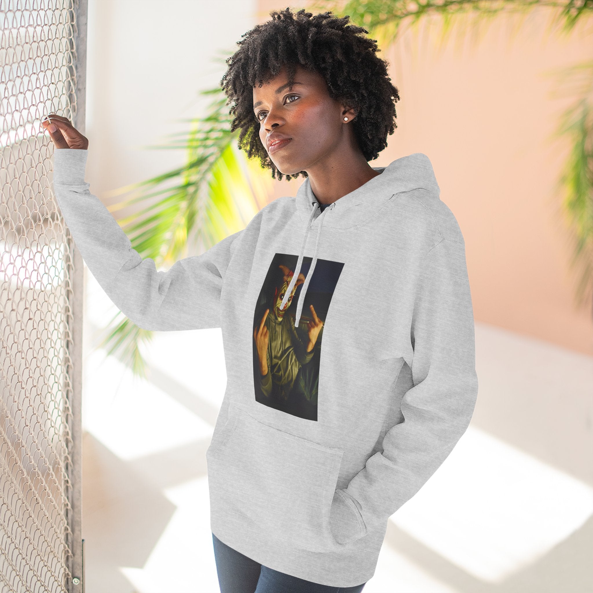 Scare Me Graphic Hoodie — Dark Art Portrait with Hand Gesture Print