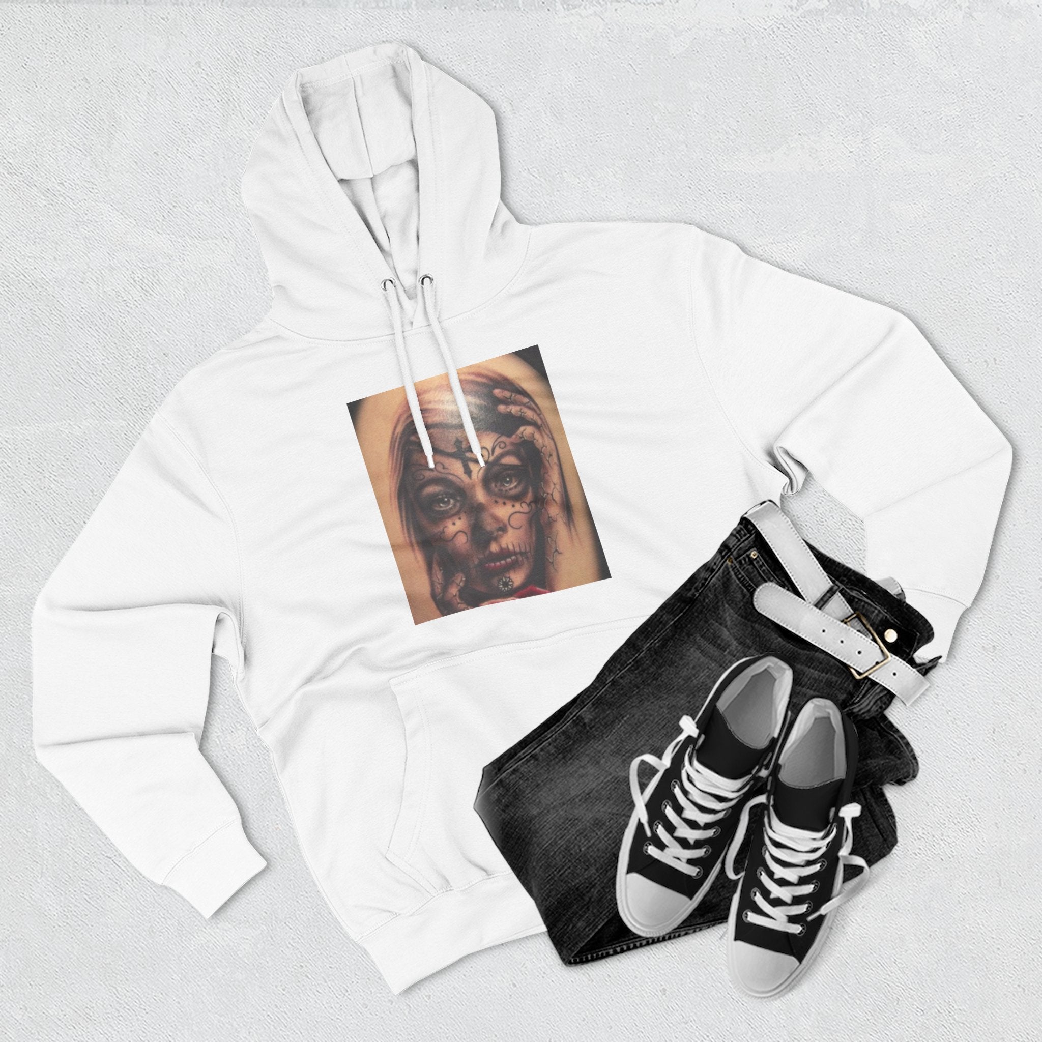 Girl Friends of the Dead Hoodie — Surreal Face Art Three-Panel Graphic Hoodie
