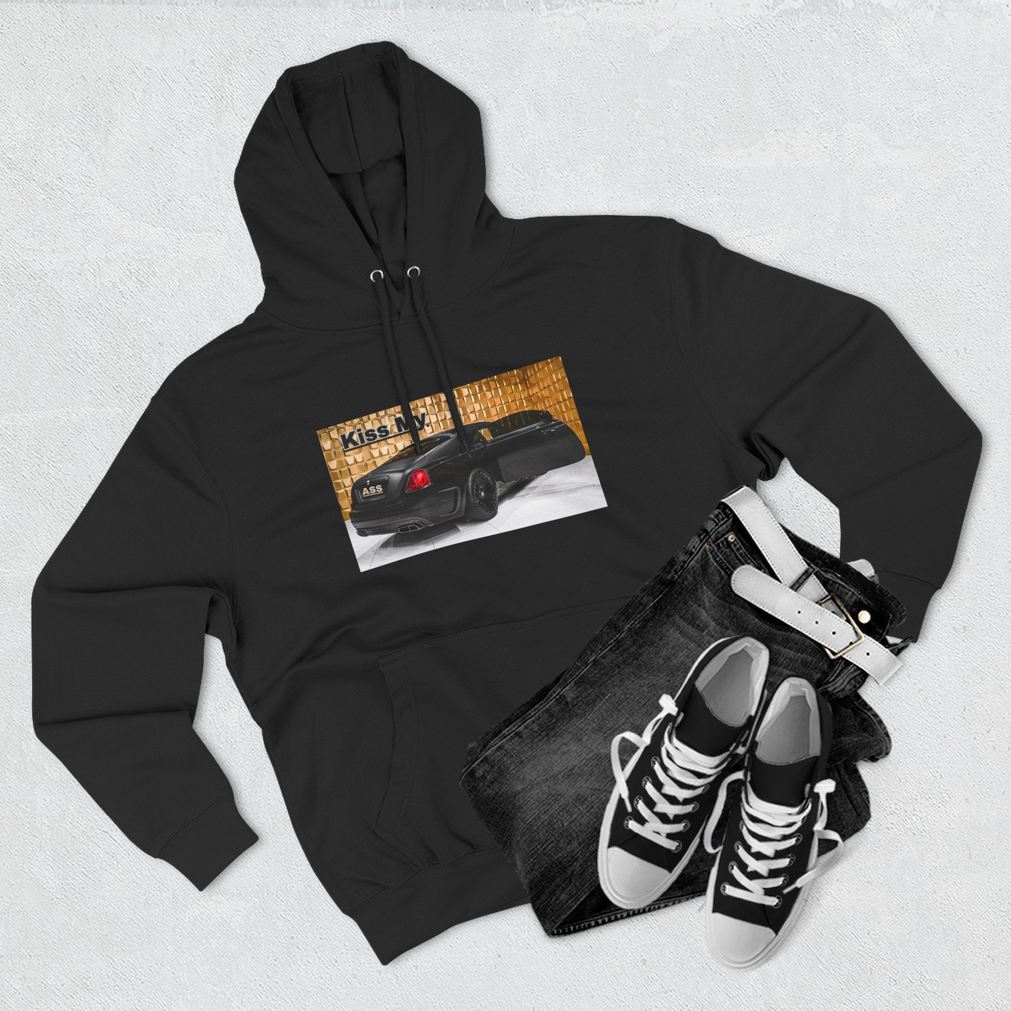 Kiss My  License plate Hoodie — Graphic Black Car Music Lover Pullover