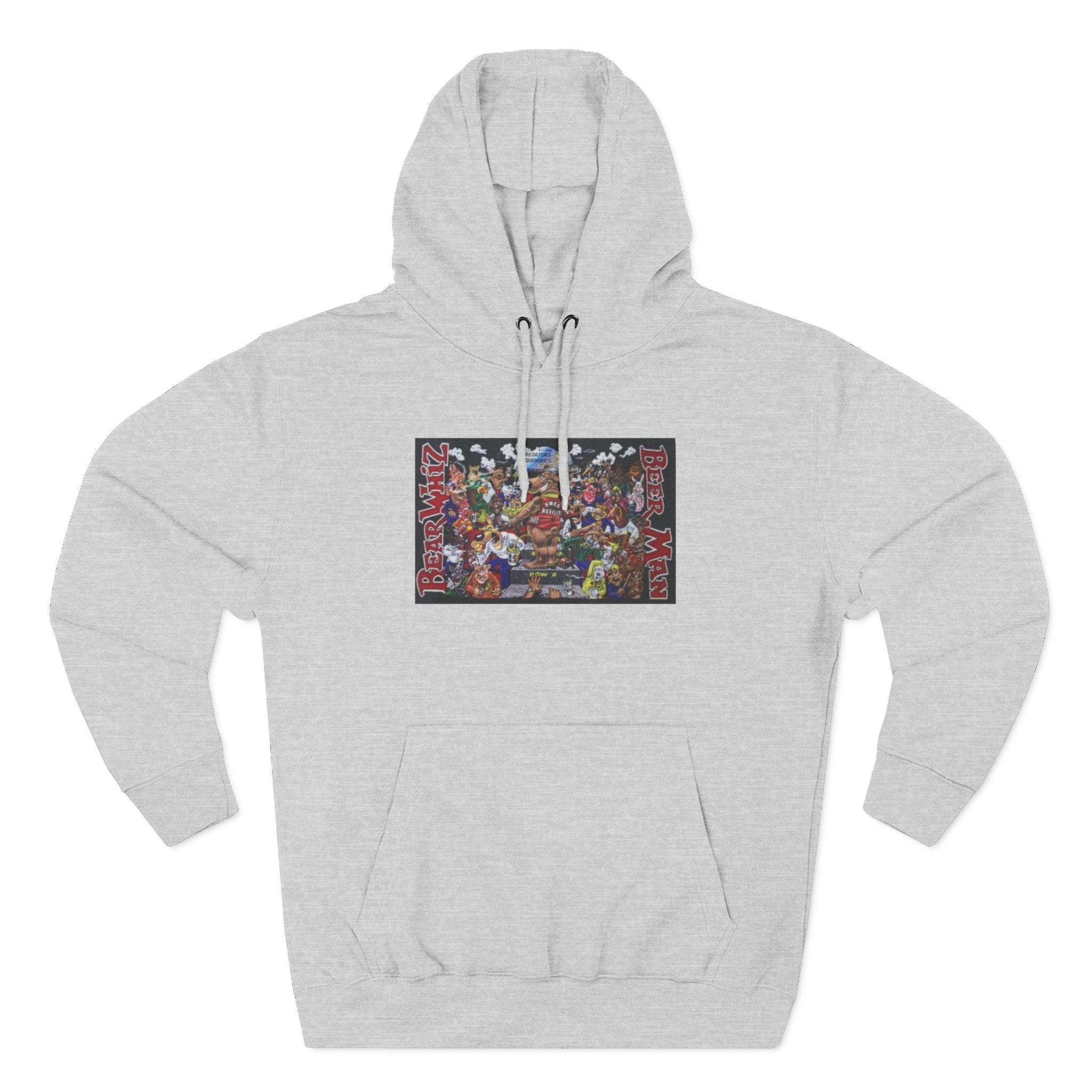 Bear Whiz Beer Beer Man Graphic Hoodie — Colorful Retro Arcade Character Collage