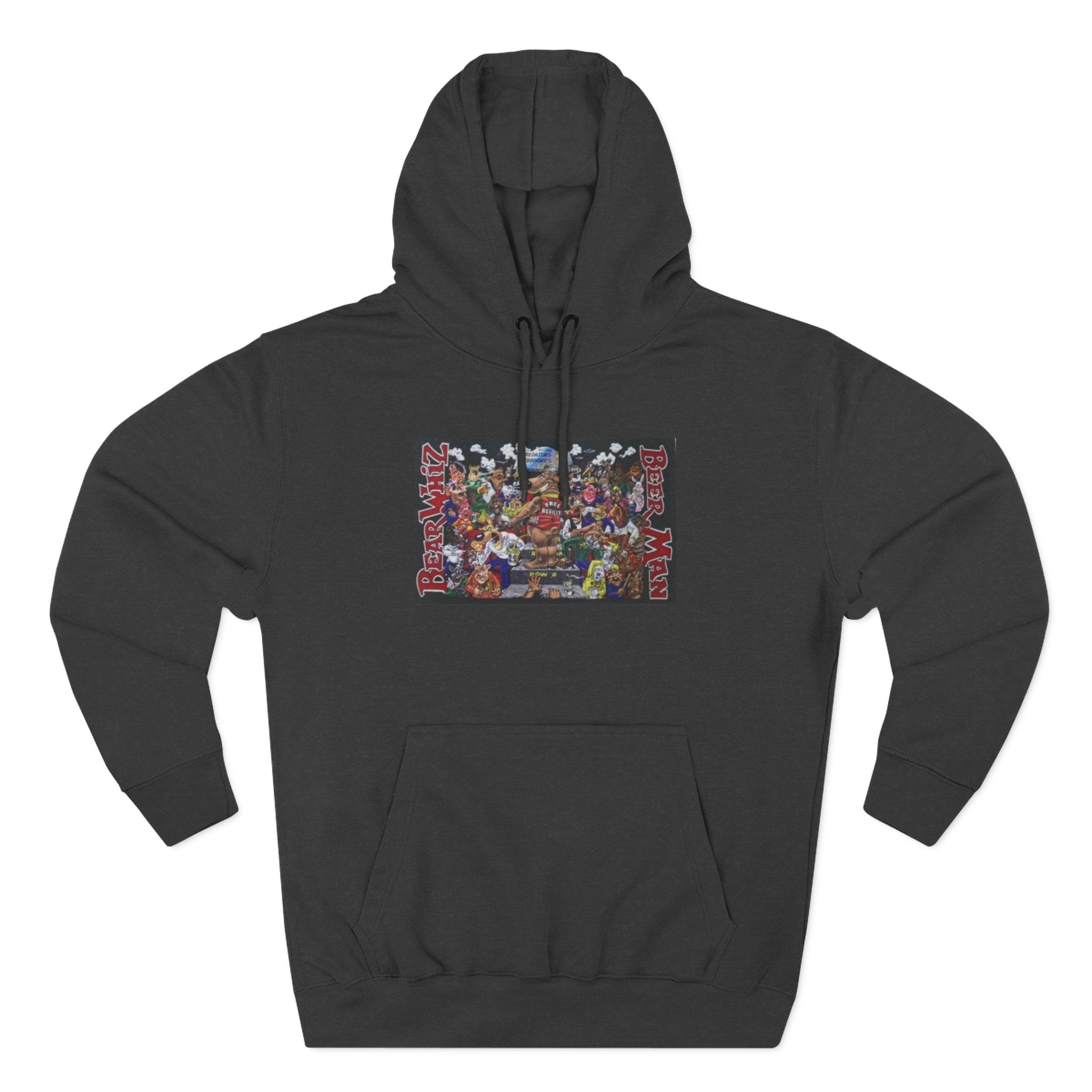 Bear Whiz Beer Beer Man Graphic Hoodie — Colorful Retro Arcade Character Collage