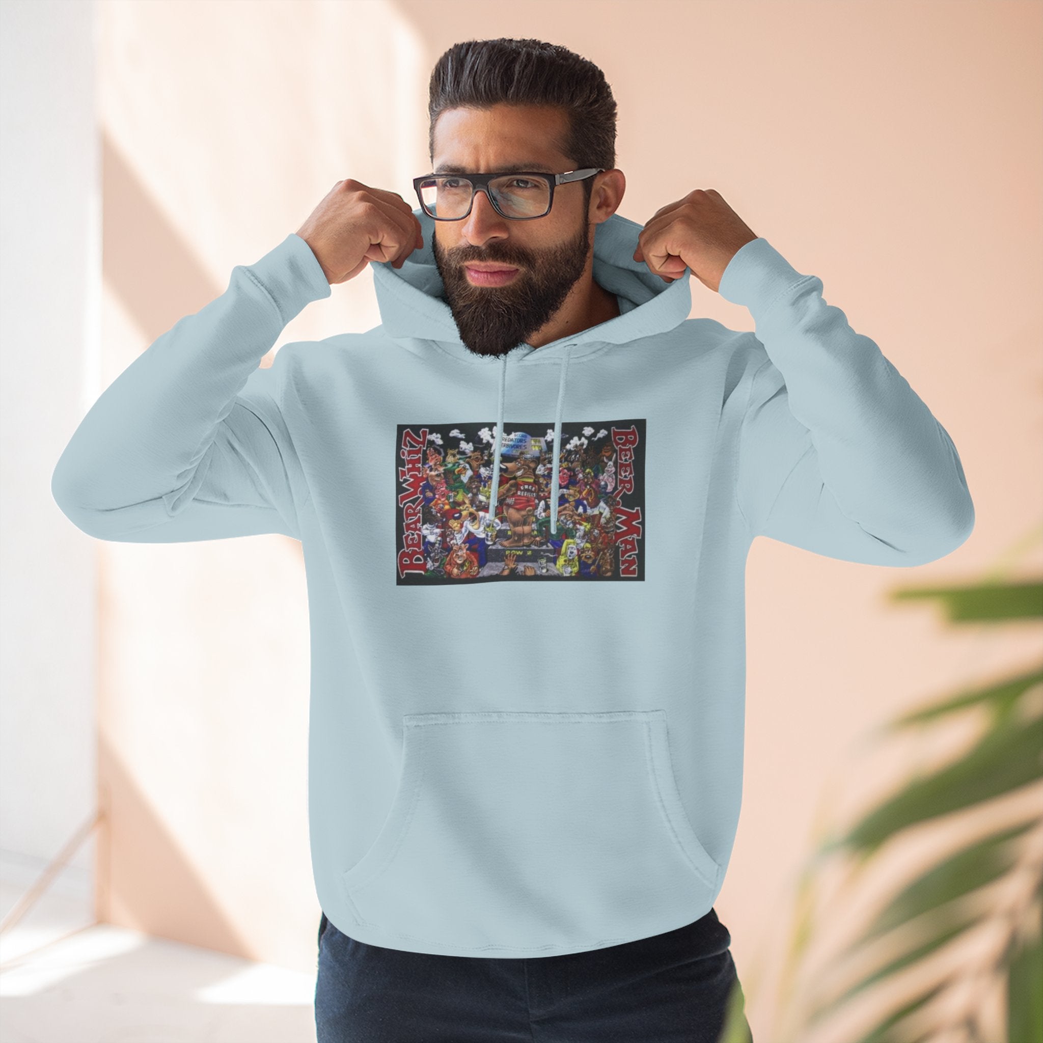 Bear Whiz Beer Beer Man Graphic Hoodie — Colorful Retro Arcade Character Collage
